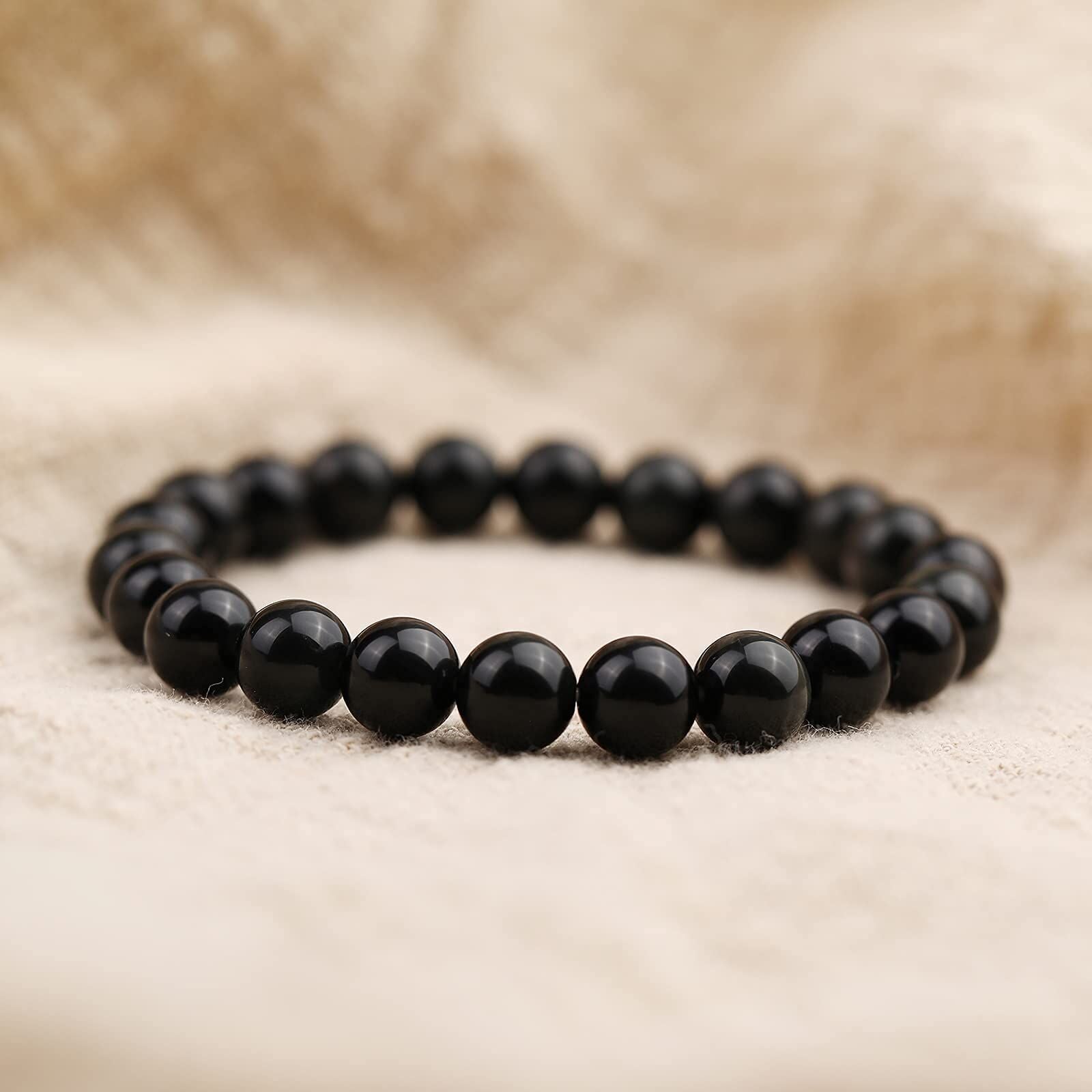 14mm Natural Black Obsidian Beaded Bracelet for Men and Women – Stretchable Healing Crystal Jewelry with Elastic Band, Protective Energy Stone Gift for Birthday, Valentine’s Day, Meditation (Black)