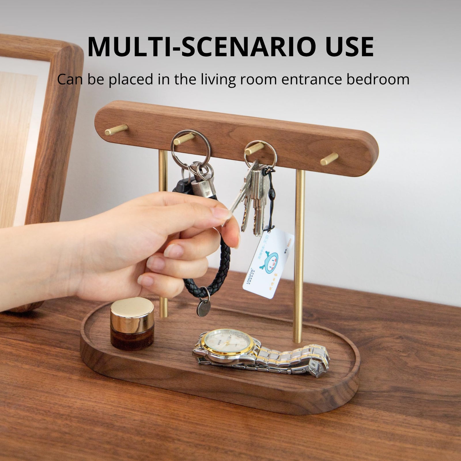 Modern Walnut Wood Key Holder with Brass Hooks – Desktop Organizer for Keys, Jewelry, Watches, and Small Accessories, Compact Design (Walnut)