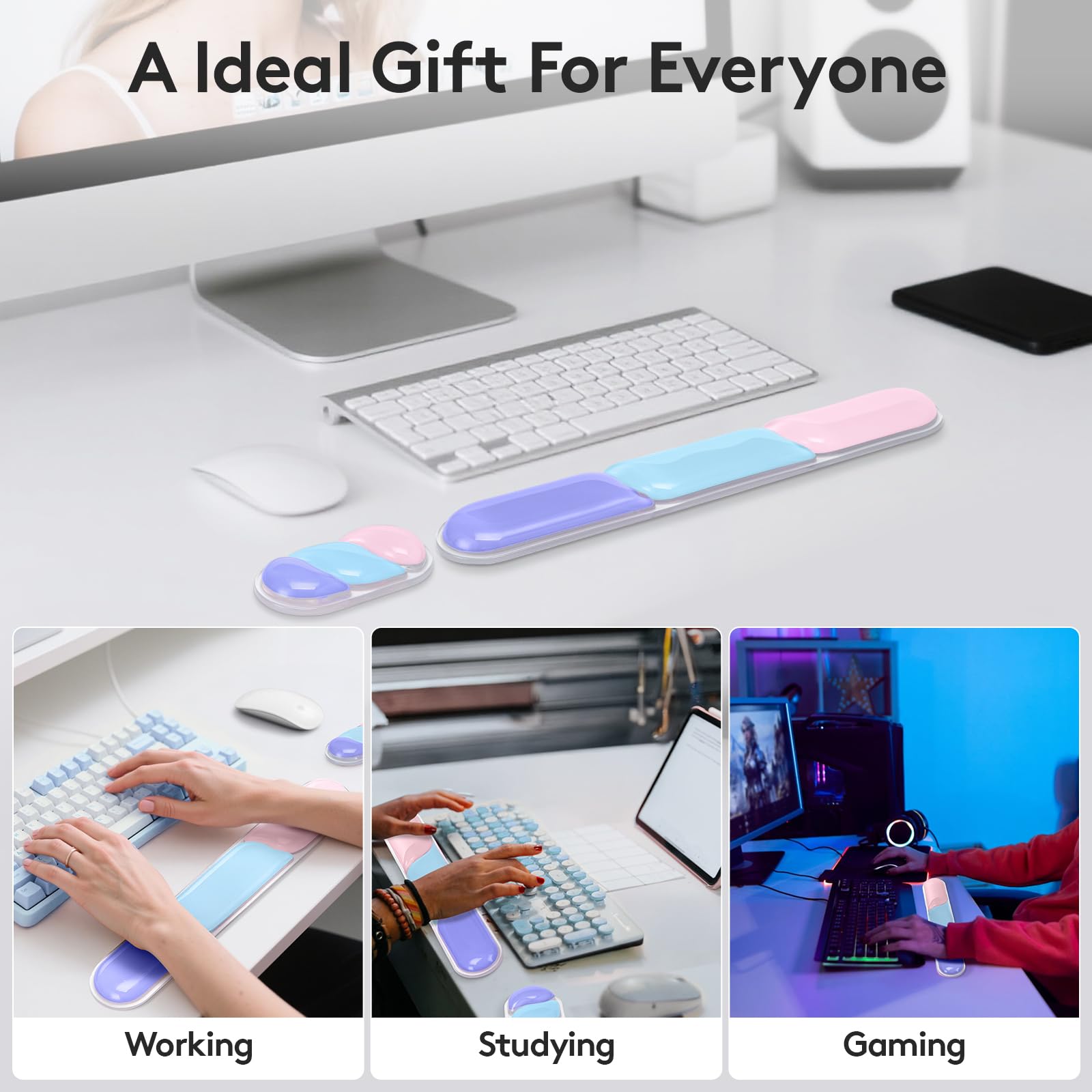 Ergonomic Gel Wrist Rest Set – Keyboard and Mouse Support Pad with Soft Cushioning for Office, Work, Gaming, and Study – Anti-Slip Base, Comfortable Design (Purple-Blue-Pink)