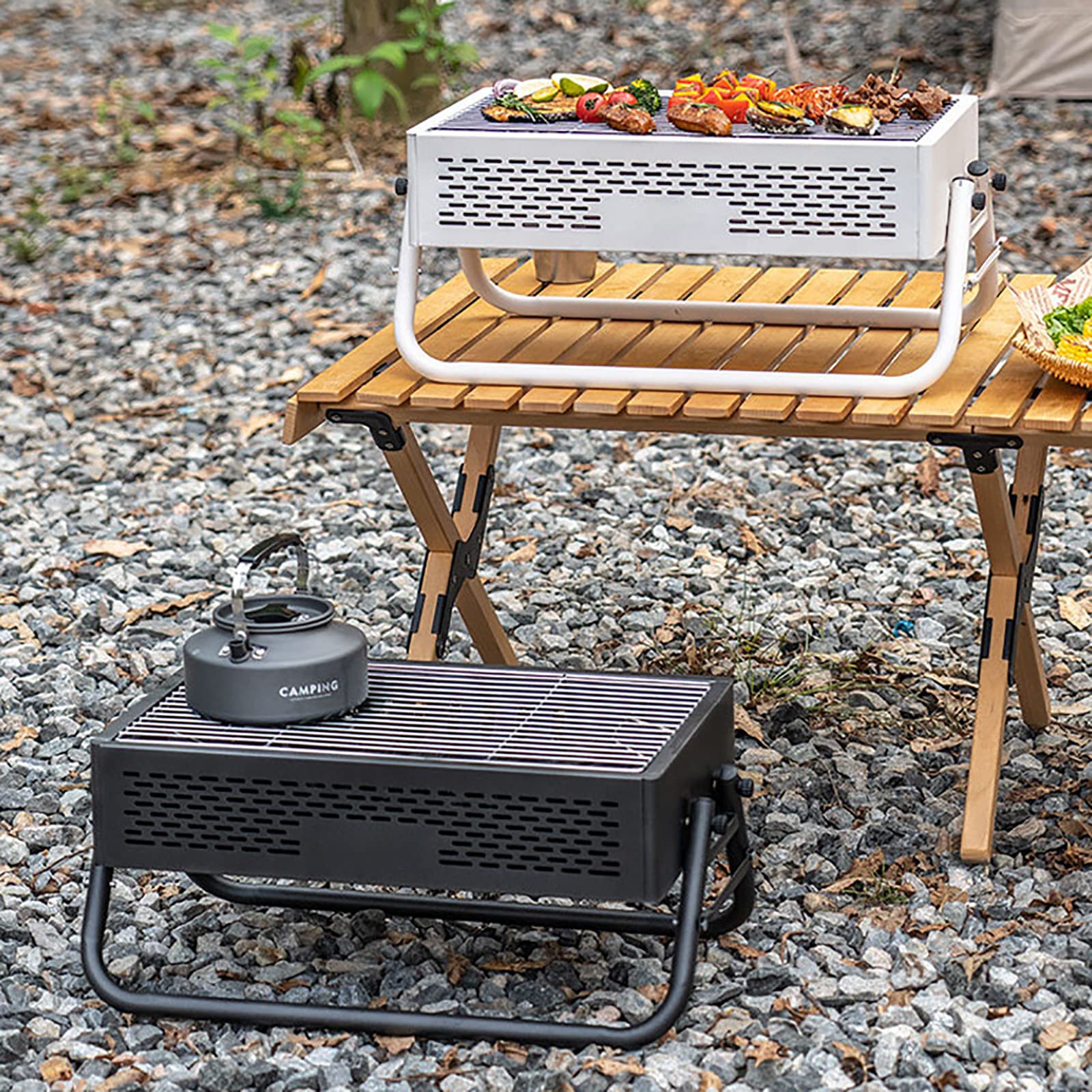 Portable Charcoal Grill with Foldable Legs & Stainless Steel Grate – Compact Outdoor BBQ for Camping, Picnics & Backyard Gatherings (Gray)
