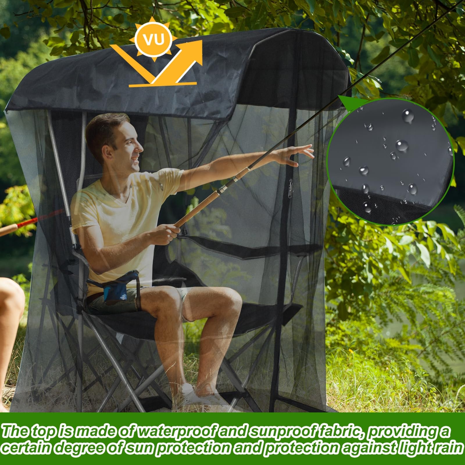 Outdoor Mosquito Net Chair Cover with Canopy – UV & Waterproof, Zippered Entry, Breathable Mesh Tent for Camping, Fishing, Beach Use (Black)