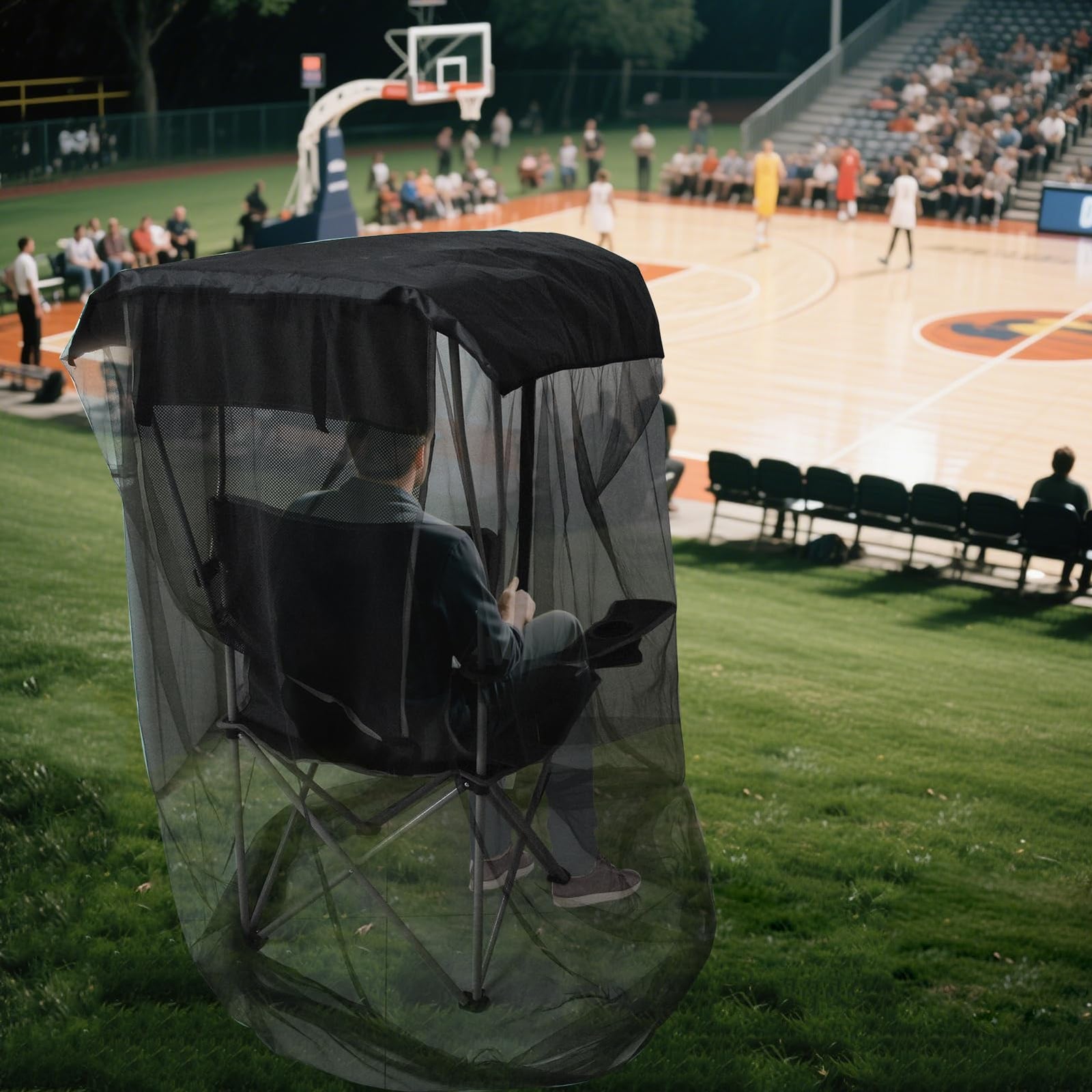 Outdoor Mosquito Net Chair Cover with Canopy – UV & Waterproof, Zippered Entry, Breathable Mesh Tent for Camping, Fishing, Beach Use (Black)
