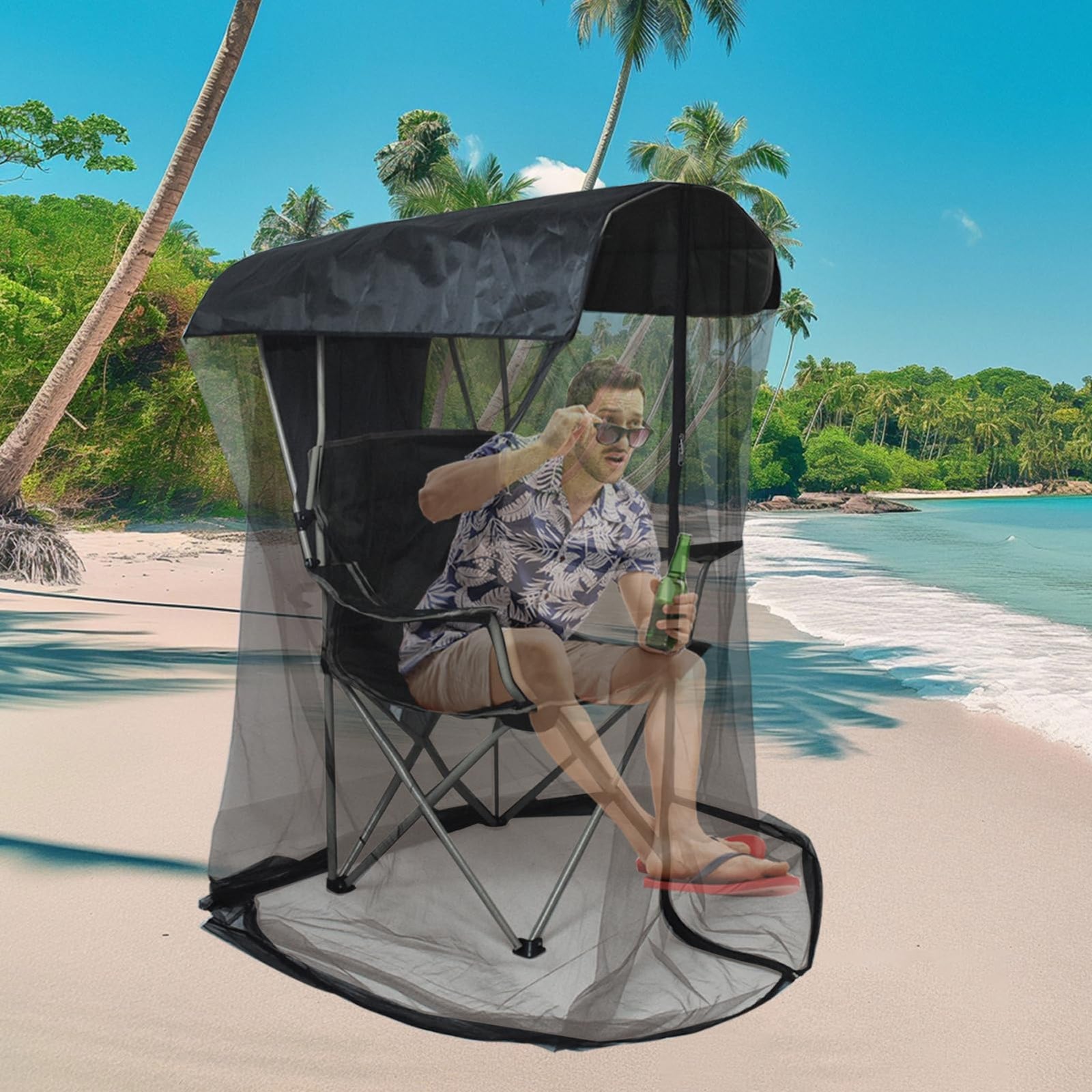 Outdoor Mosquito Net Chair Cover with Canopy – UV & Waterproof, Zippered Entry, Breathable Mesh Tent for Camping, Fishing, Beach Use (Black)