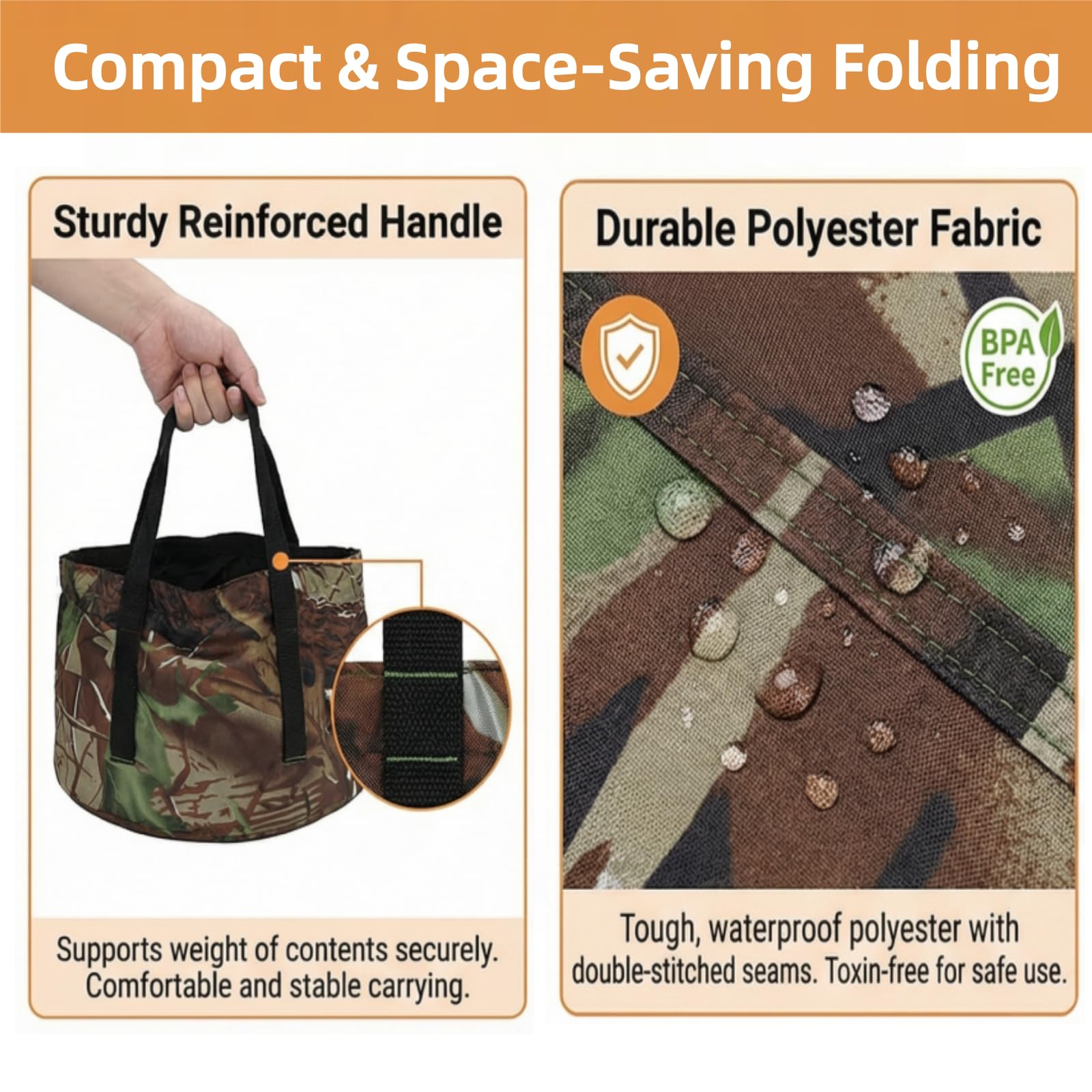 Collapsible Outdoor Bucket with Handles – Foldable Water Container for Camping, Fishing, Travel & Washing, Durable Waterproof Polyester Basin (Camouflage)
