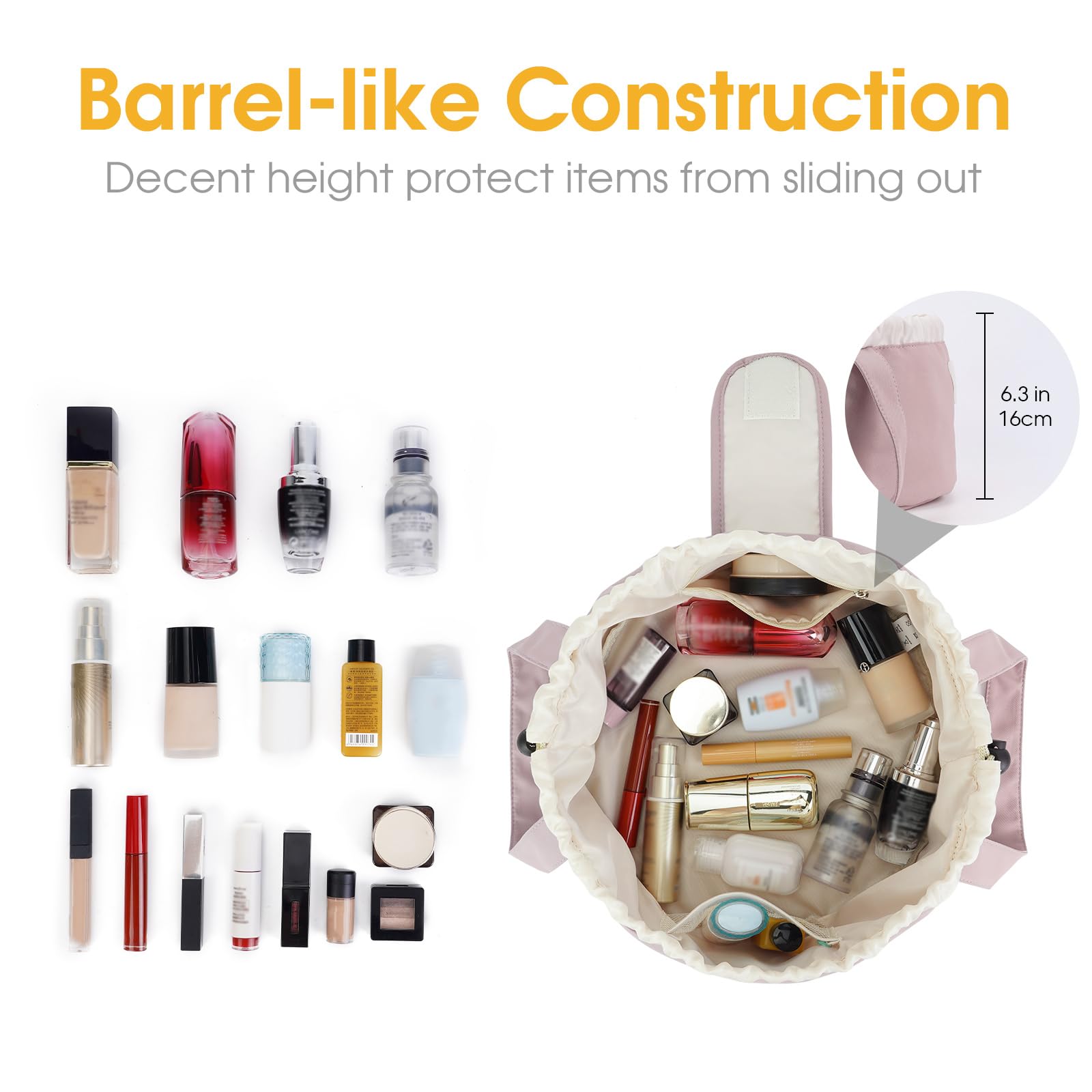 High-Capacity Barrel-Style Cosmetic Bag with Double Drawstring Closure – Water-Resistant, Padded Lining, Inner Zipper & Mesh Pocket – Ideal for Travel & Daily Use (Pink)