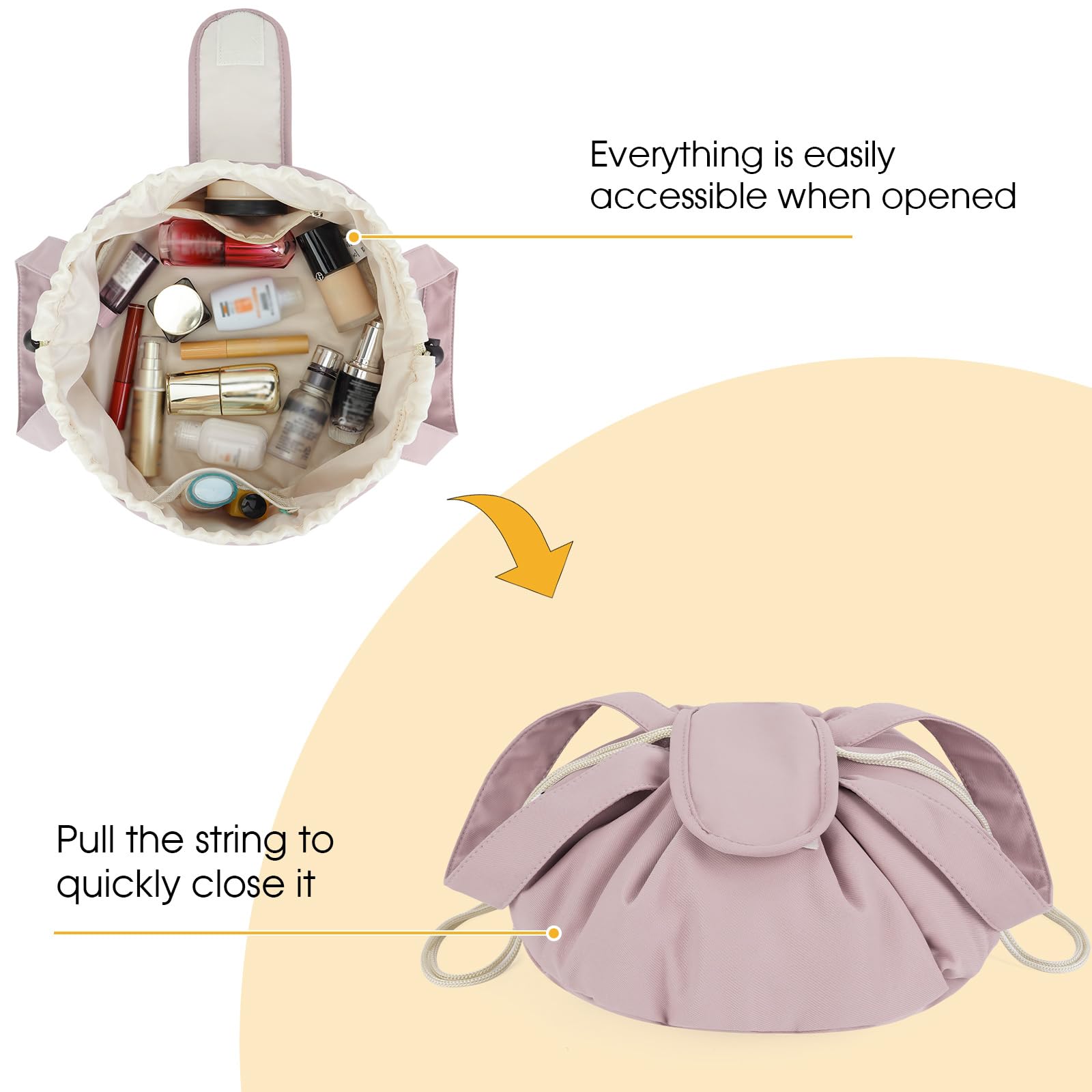 High-Capacity Barrel-Style Cosmetic Bag with Double Drawstring Closure – Water-Resistant, Padded Lining, Inner Zipper & Mesh Pocket – Ideal for Travel & Daily Use (Pink)