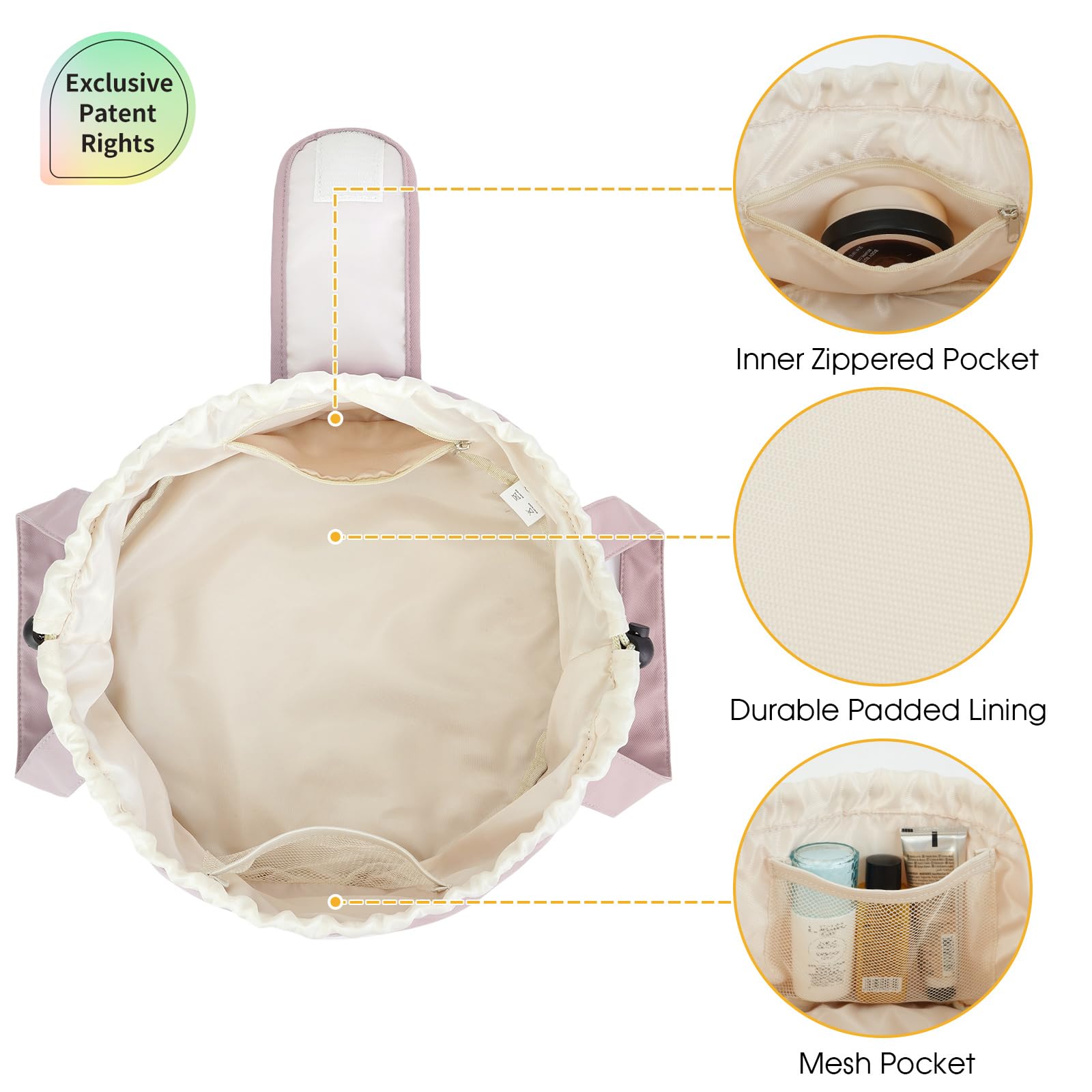 High-Capacity Barrel-Style Cosmetic Bag with Double Drawstring Closure – Water-Resistant, Padded Lining, Inner Zipper & Mesh Pocket – Ideal for Travel & Daily Use (Pink)