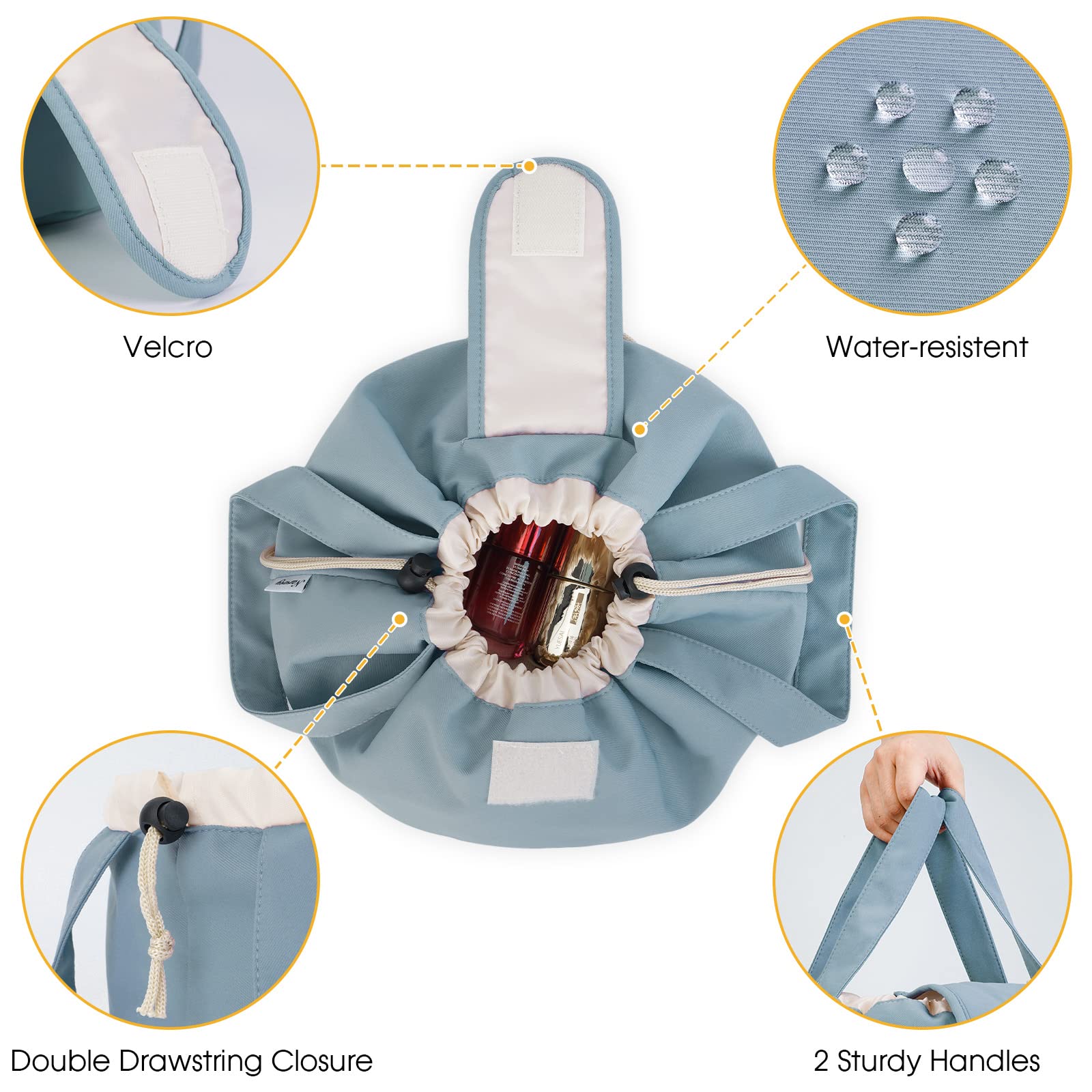 High-Capacity Barrel-Style Cosmetic Bag with Double Drawstring Closure – Water-Resistant, Padded Lining, Inner Zipper & Mesh Pocket – Ideal for Travel & Daily Use (Blue)