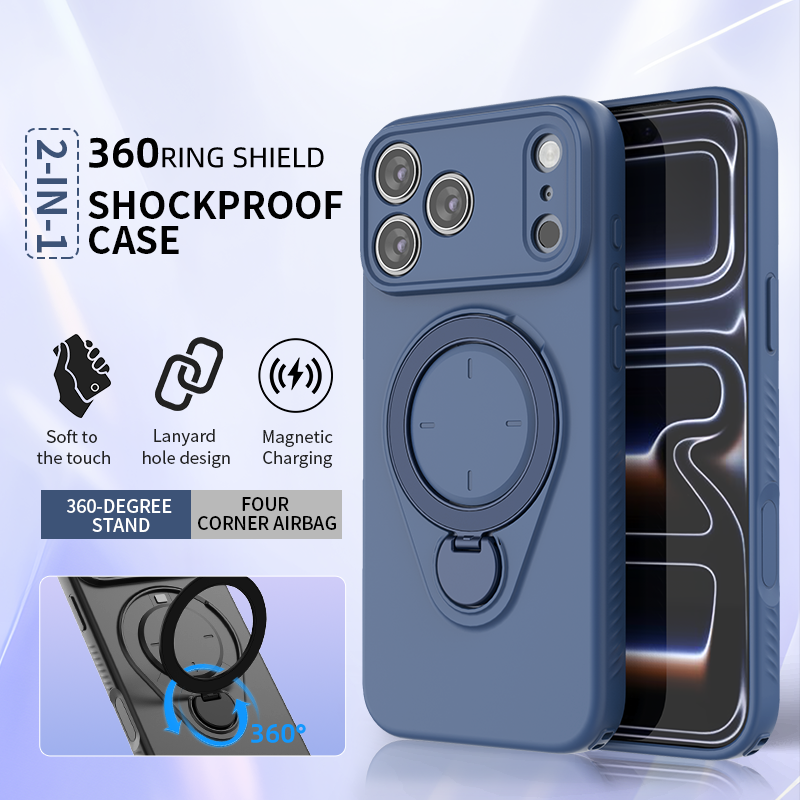 Magnetic Shockproof Phone Case with 360-Degree Rotating Ring Stand and Wireless Charging Support for iPhone 17 Pro – Slim Protective Cover Designed for Home Use, Office Work, Travel, Commuting and Everyday On-the-Go Lifestyle (Black)