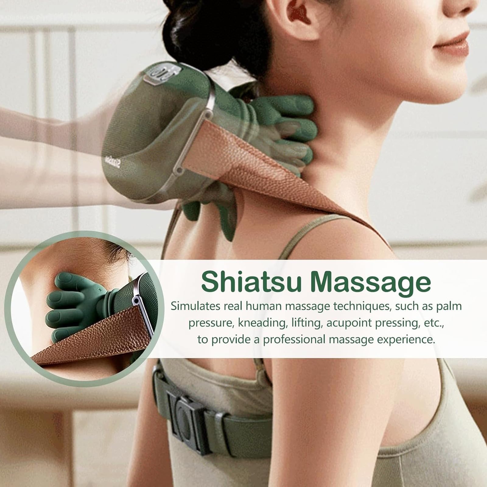 Hand-Like Neck & Shoulder Massager with 4D Kneading and Heat – Portable Massage Device for Back, Legs, and Neck Relaxation (Forest Green)