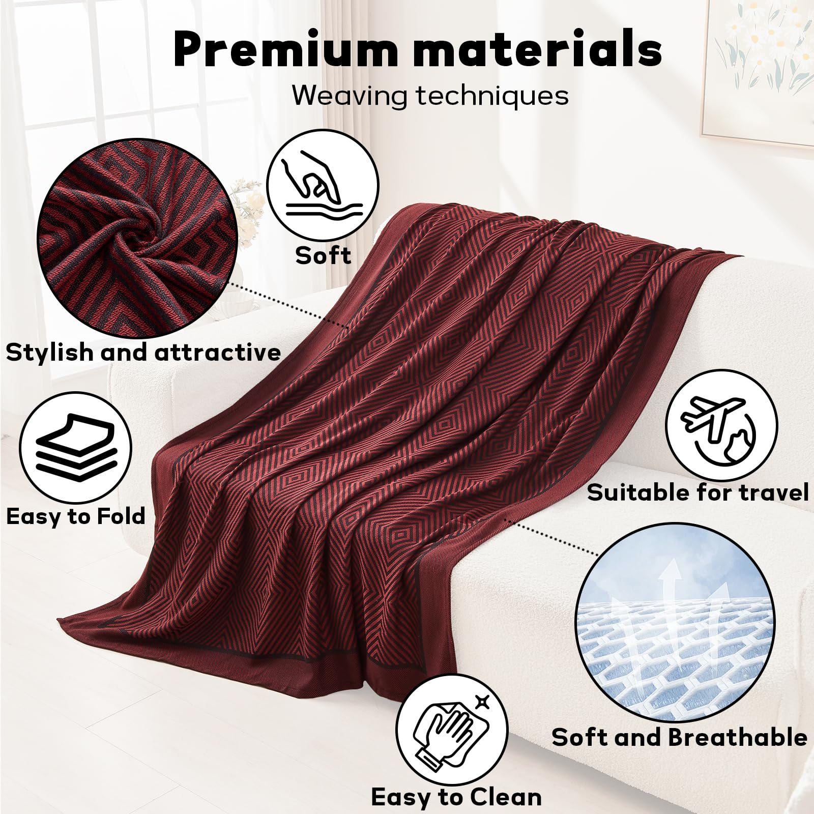 Premium Travel Blanket – Ultra-Soft Knit Wrap for Airplane, Car, Office Naps, and Gifts – Lightweight, Breathable, and Stylish with Storage Bag (Red)