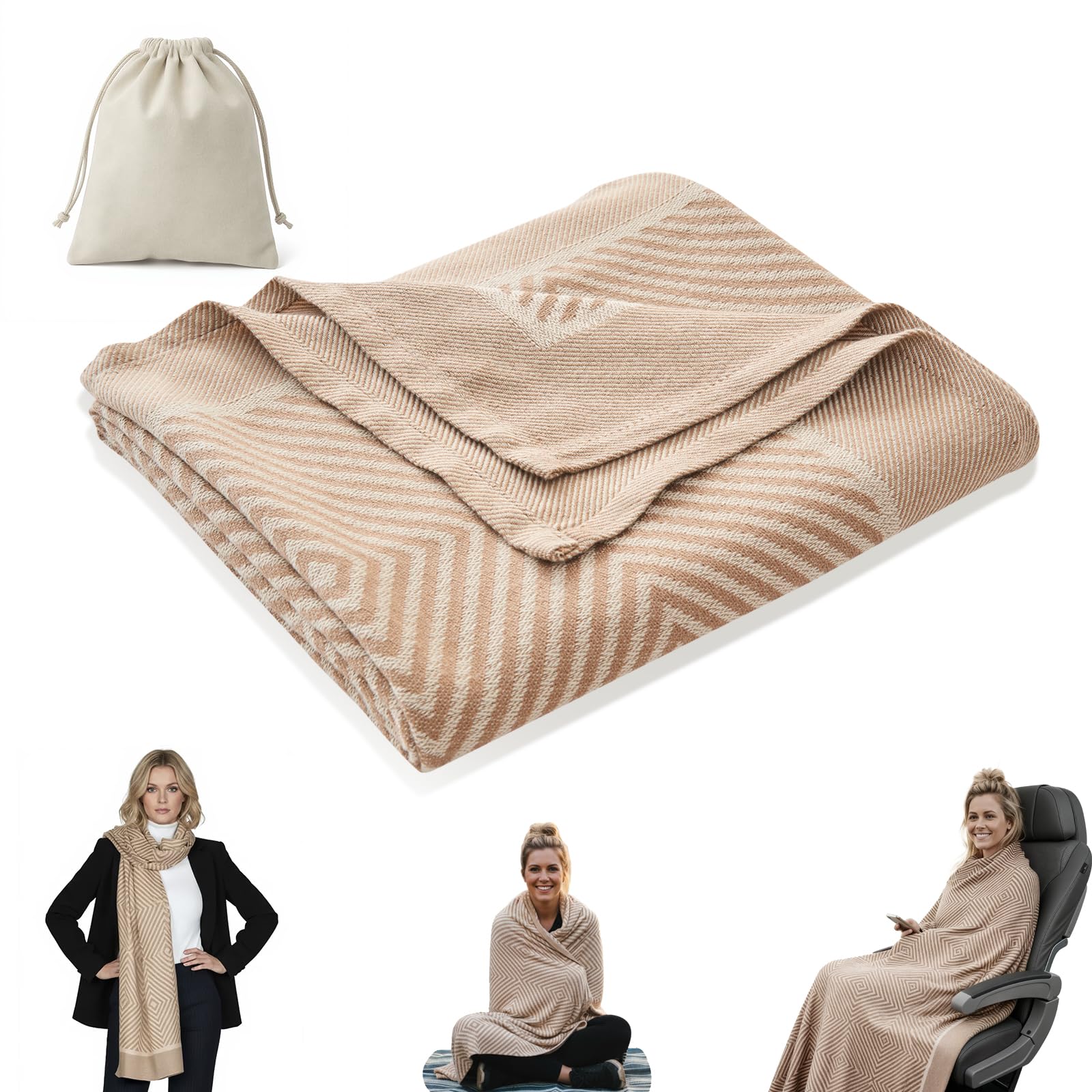 Premium Travel Blanket – Ultra-Soft Knit Wrap for Airplane, Car, Office Naps, and Gifts – Lightweight, Breathable, and Stylish with Storage Bag (Khaki)