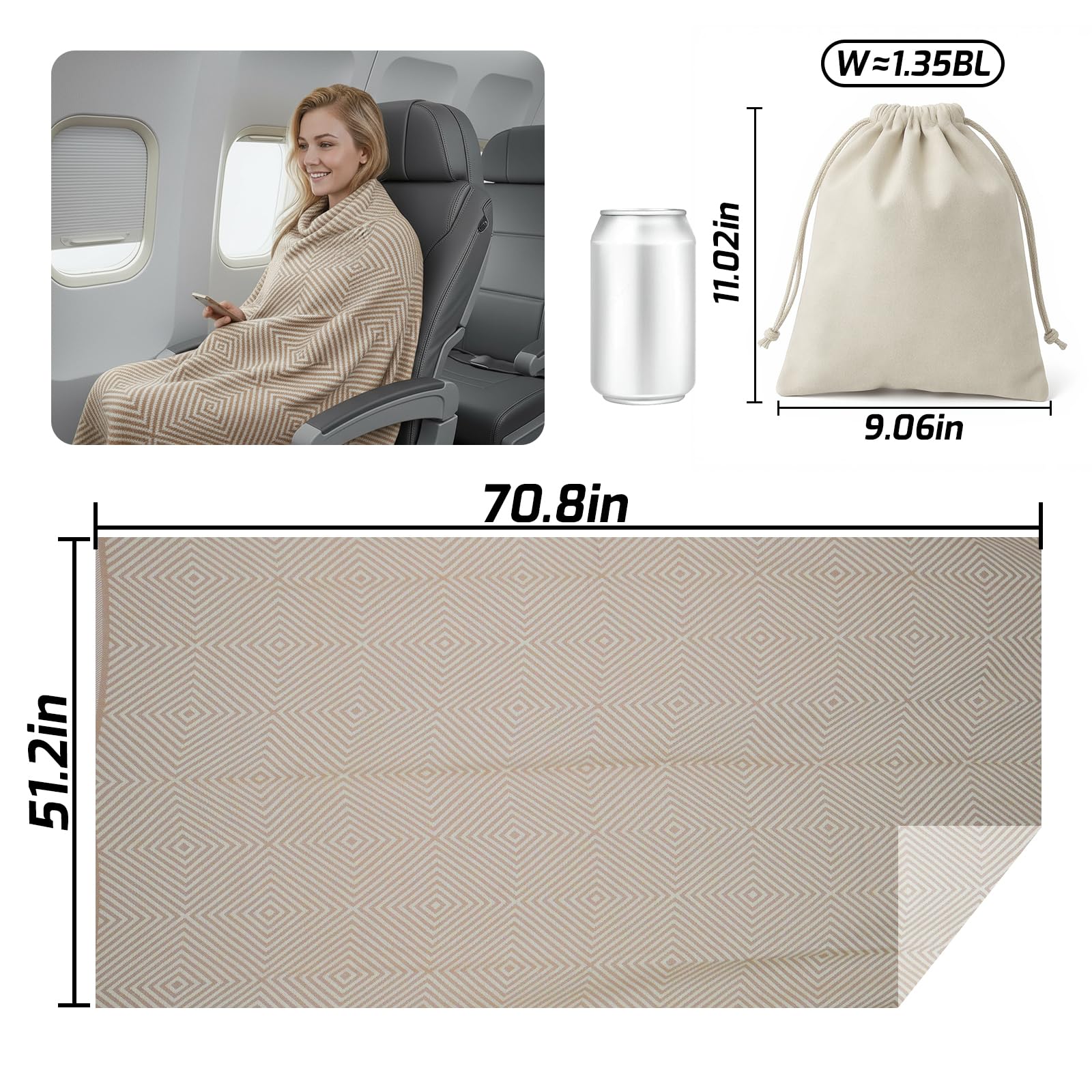 Premium Travel Blanket – Ultra-Soft Knit Wrap for Airplane, Car, Office Naps, and Gifts – Lightweight, Breathable, and Stylish with Storage Bag (Khaki)