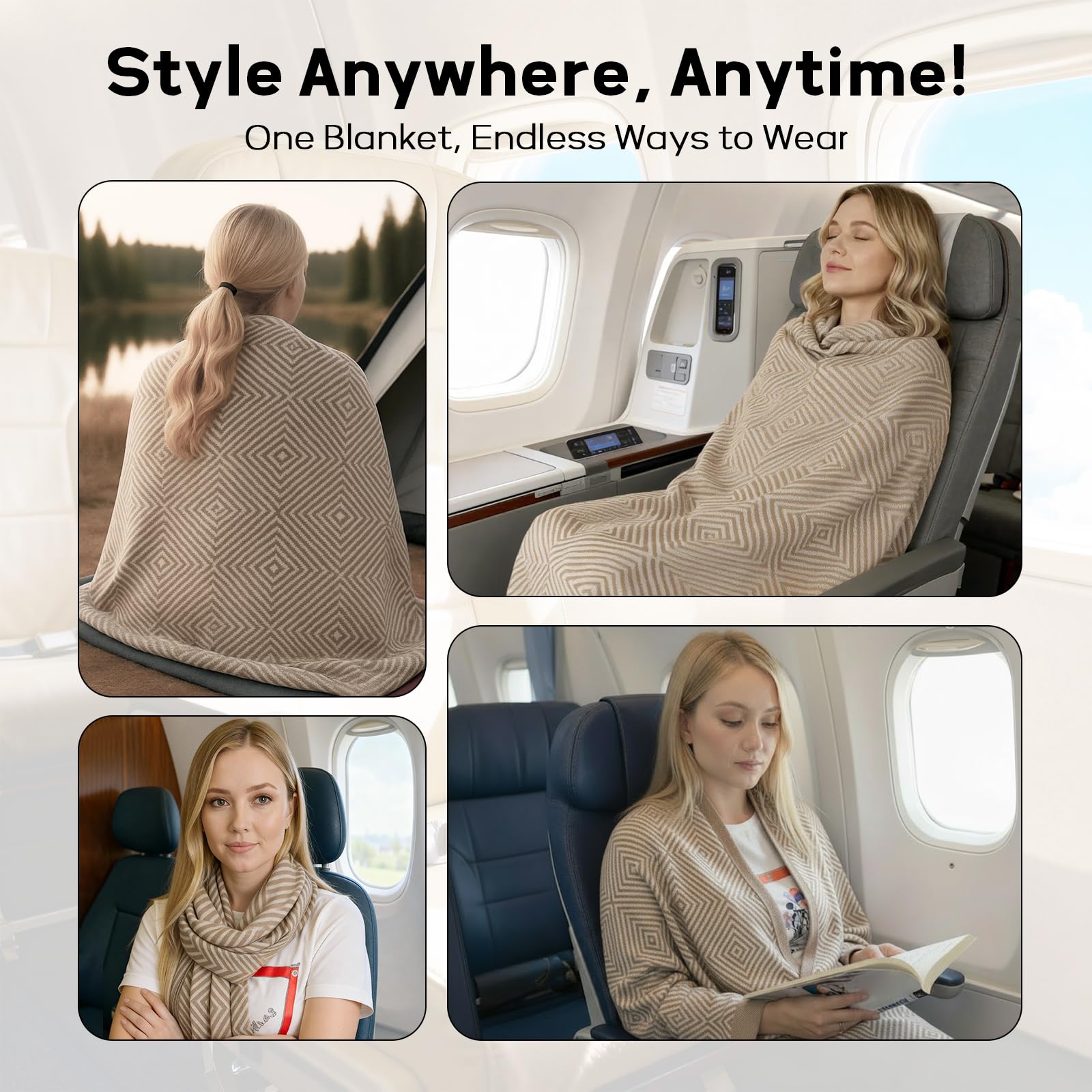 Premium Travel Blanket – Ultra-Soft Knit Wrap for Airplane, Car, Office Naps, and Gifts – Lightweight, Breathable, and Stylish with Storage Bag (Khaki)