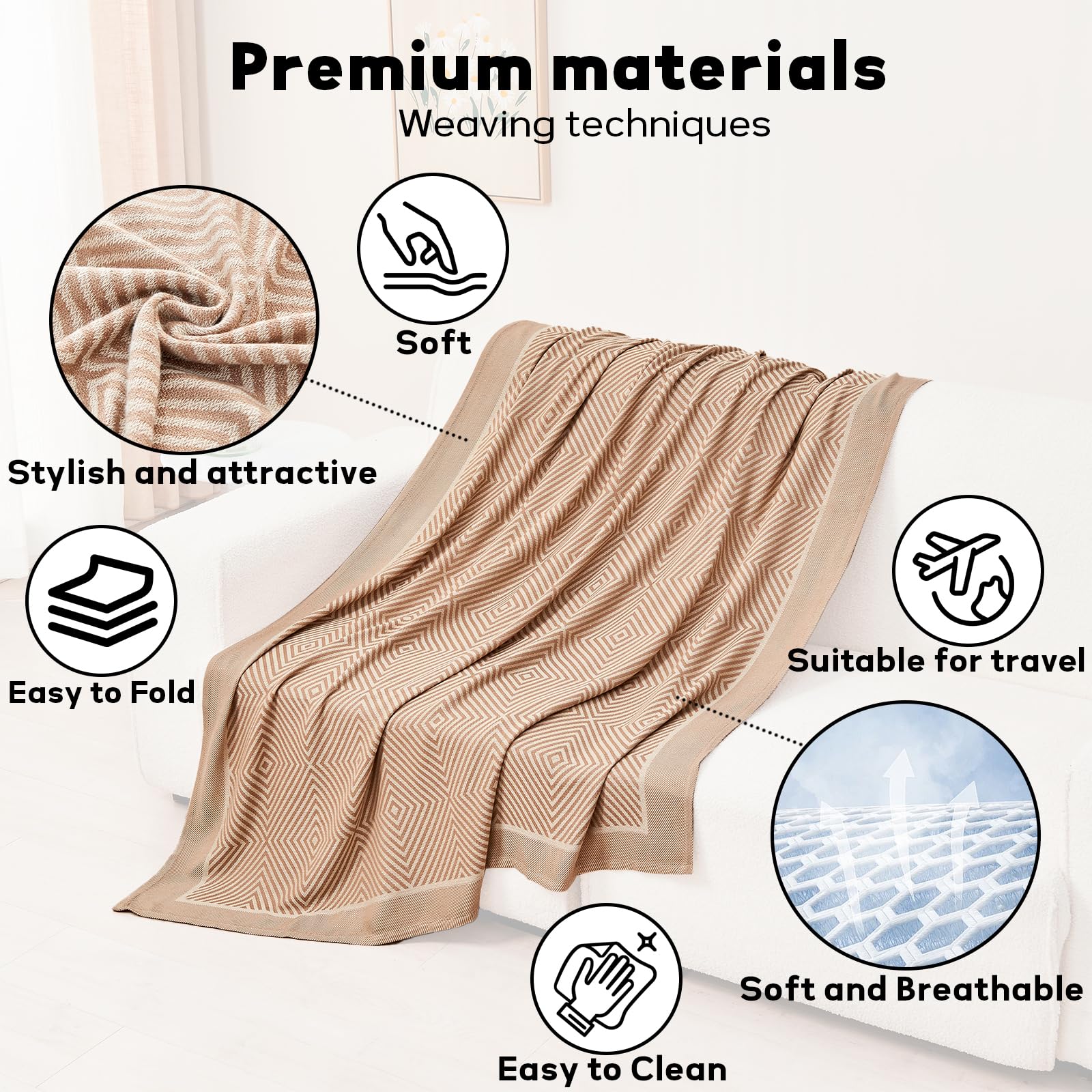 Premium Travel Blanket – Ultra-Soft Knit Wrap for Airplane, Car, Office Naps, and Gifts – Lightweight, Breathable, and Stylish with Storage Bag (Khaki)