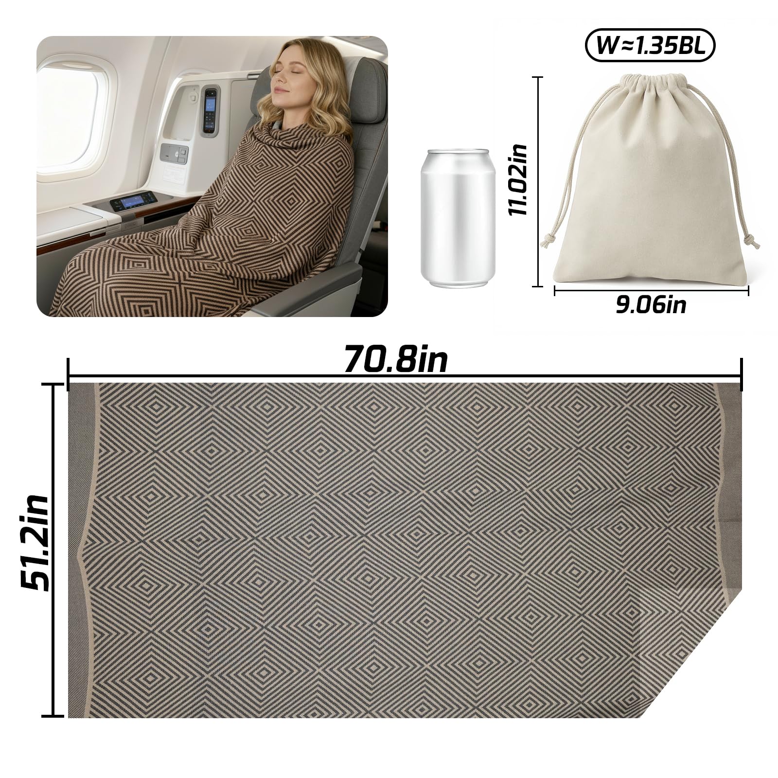 Premium Travel Blanket – Ultra-Soft Knit Wrap for Airplane, Car, Office Naps, and Gifts – Lightweight, Breathable, and Stylish with Storage Bag (Brown)