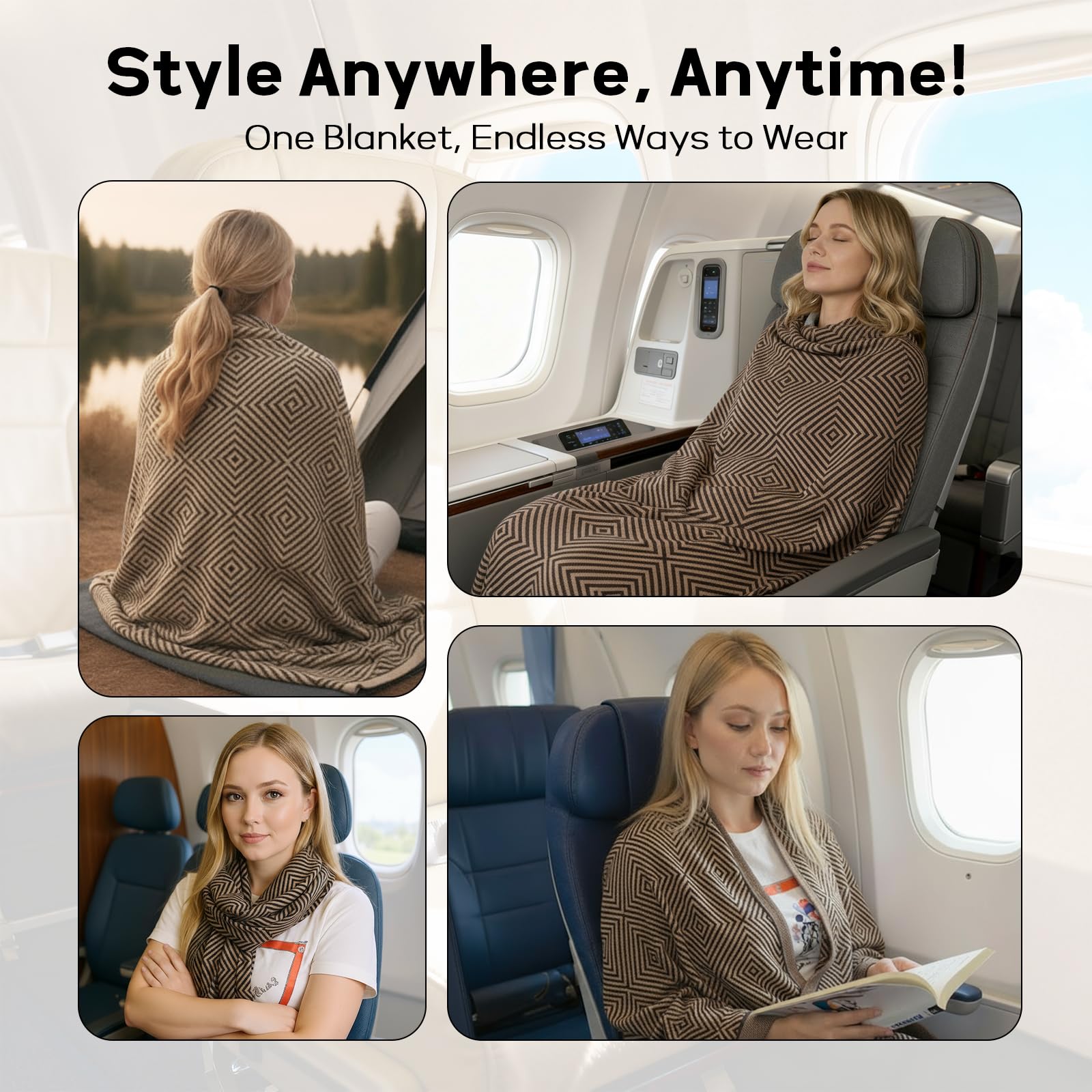 Premium Travel Blanket – Ultra-Soft Knit Wrap for Airplane, Car, Office Naps, and Gifts – Lightweight, Breathable, and Stylish with Storage Bag (Brown)