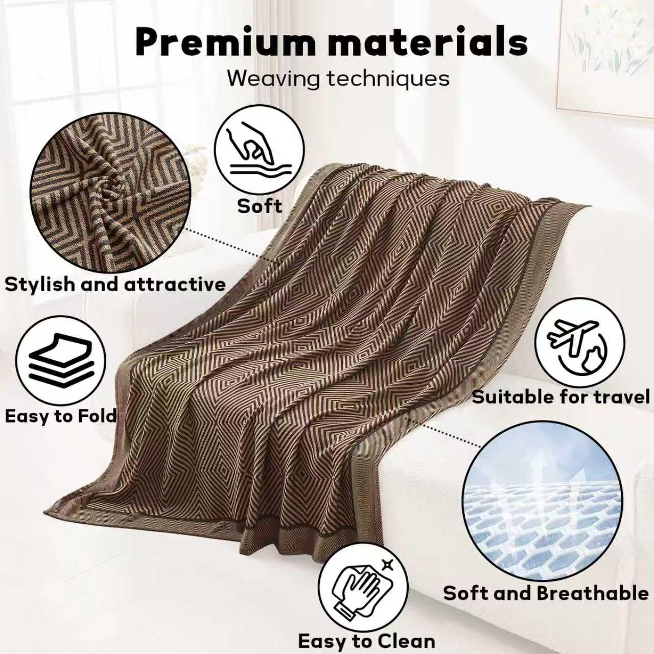 Premium Travel Blanket – Ultra-Soft Knit Wrap for Airplane, Car, Office Naps, and Gifts – Lightweight, Breathable, and Stylish with Storage Bag (Brown)