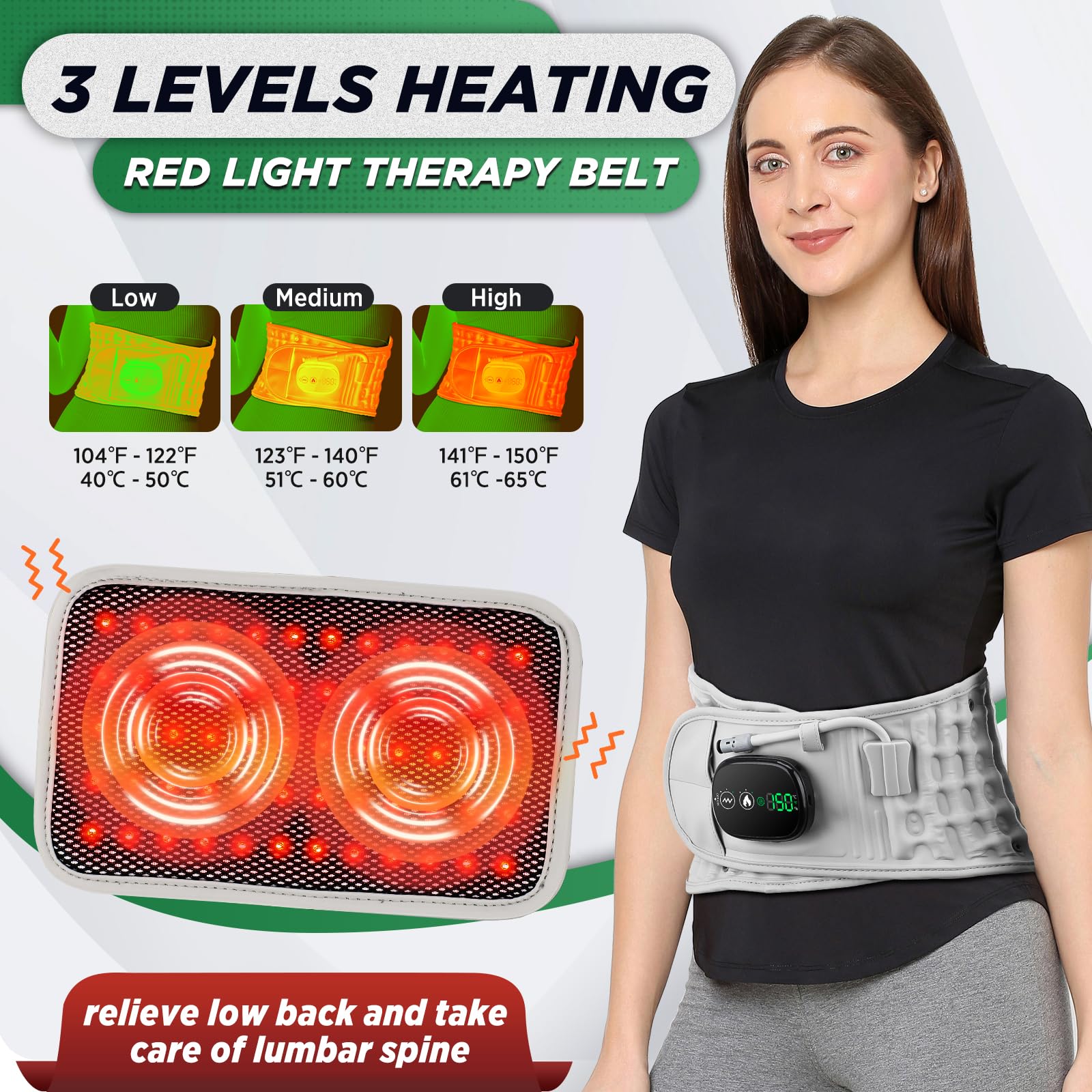Inflatable Heating Massage Waist Belt with 3-Level Heat & Vibration – Cordless Back Support for Men and Women (Gray)