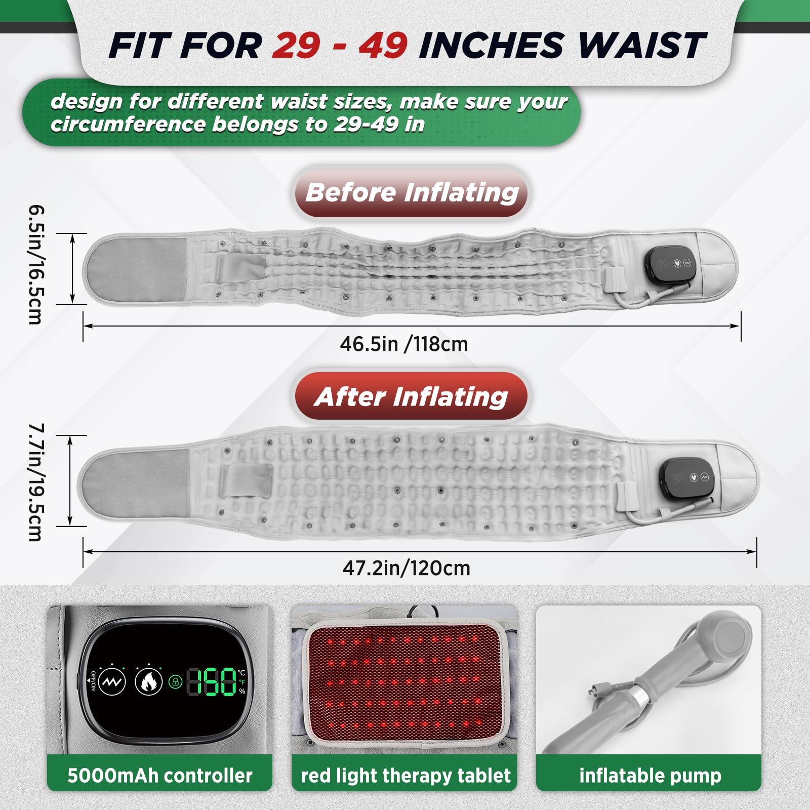 Inflatable Heating Massage Waist Belt with 3-Level Heat & Vibration – Cordless Back Support for Men and Women (Gray)