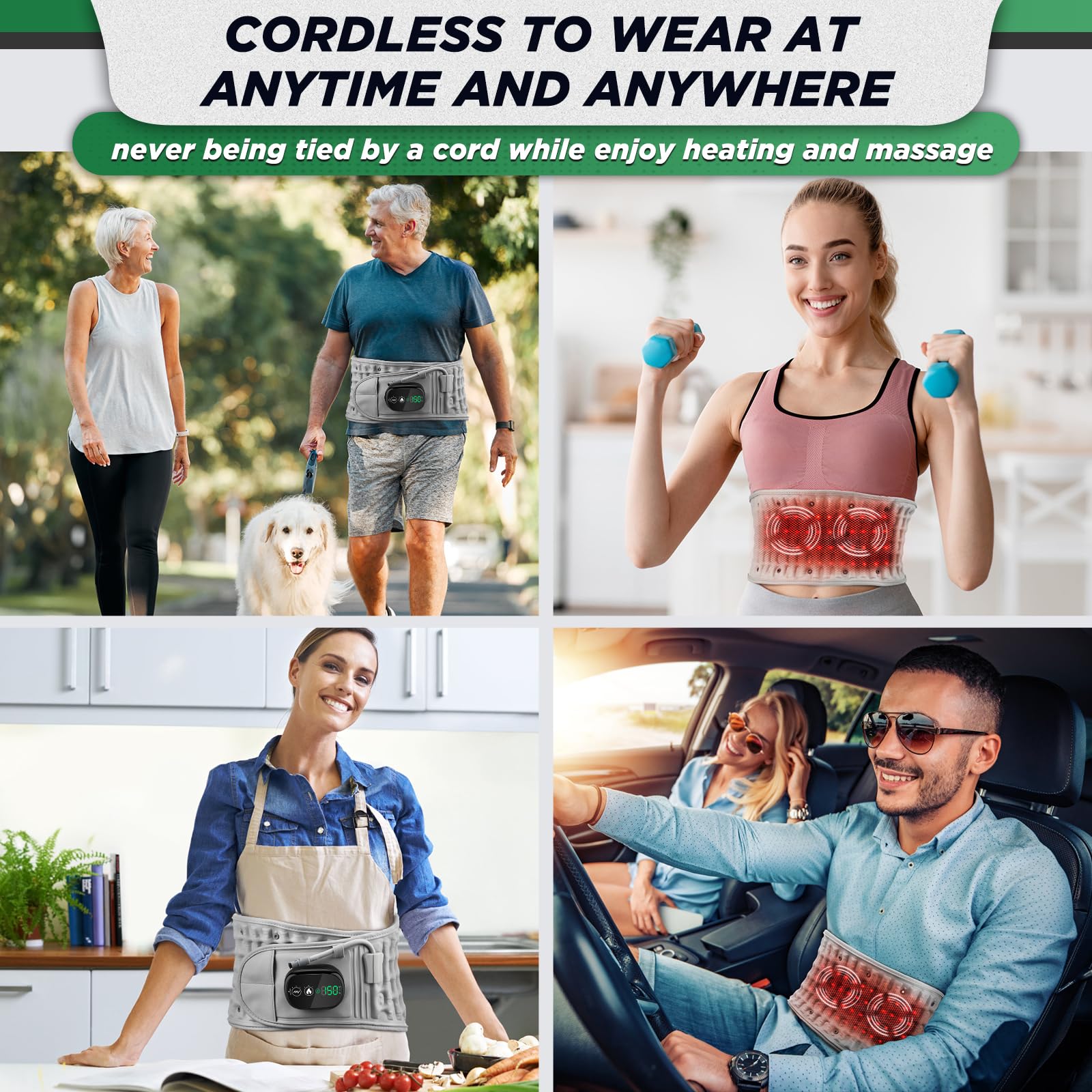 Inflatable Heating Massage Waist Belt with 3-Level Heat & Vibration – Cordless Back Support for Men and Women (Gray)