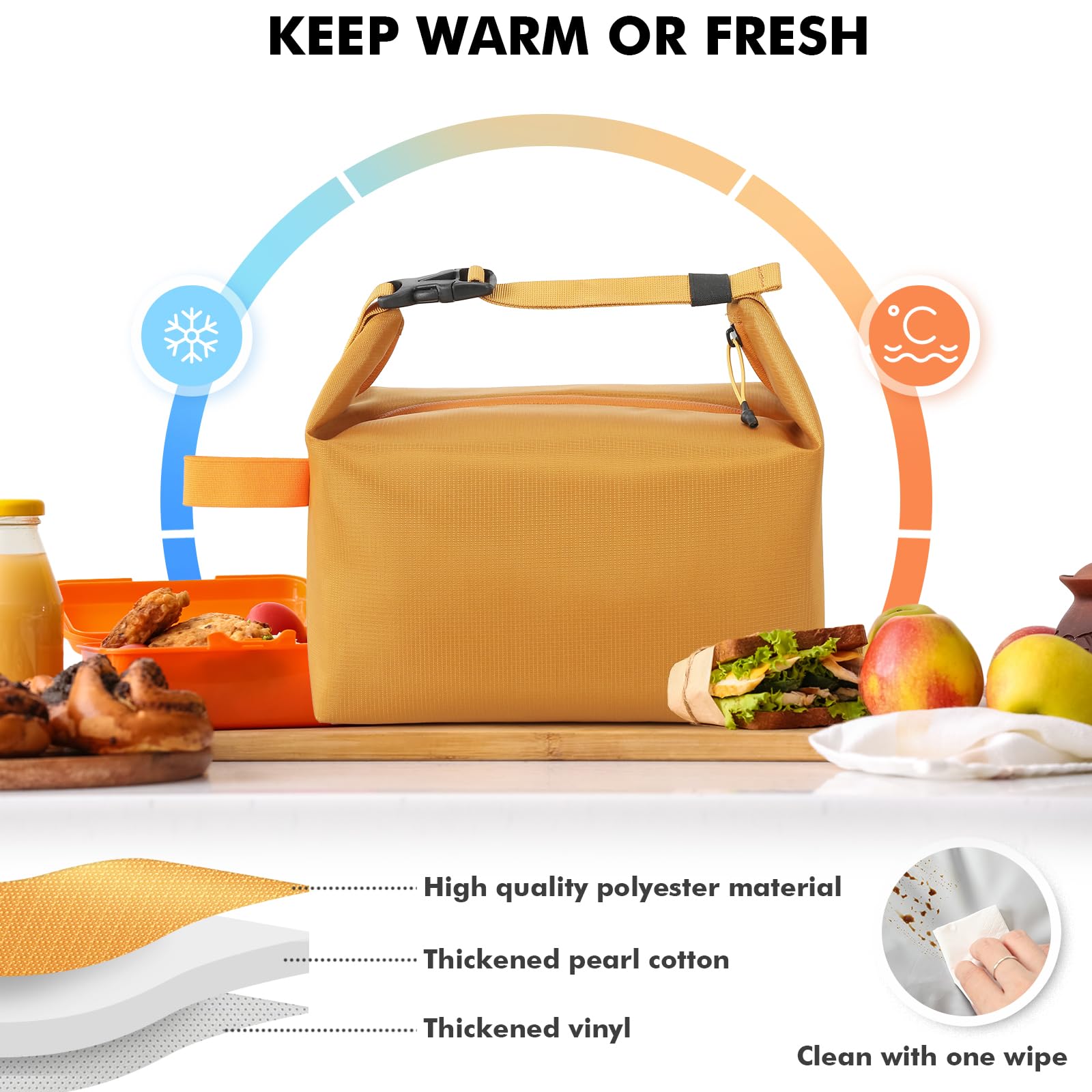 Foldable Lunch Bag – Reusable Insulated Cooler Tote with Waterproof Zipper, Leak-Proof Design, Lightweight & Compact, Ideal for Work, School, Picnic, Travel (Yellow)