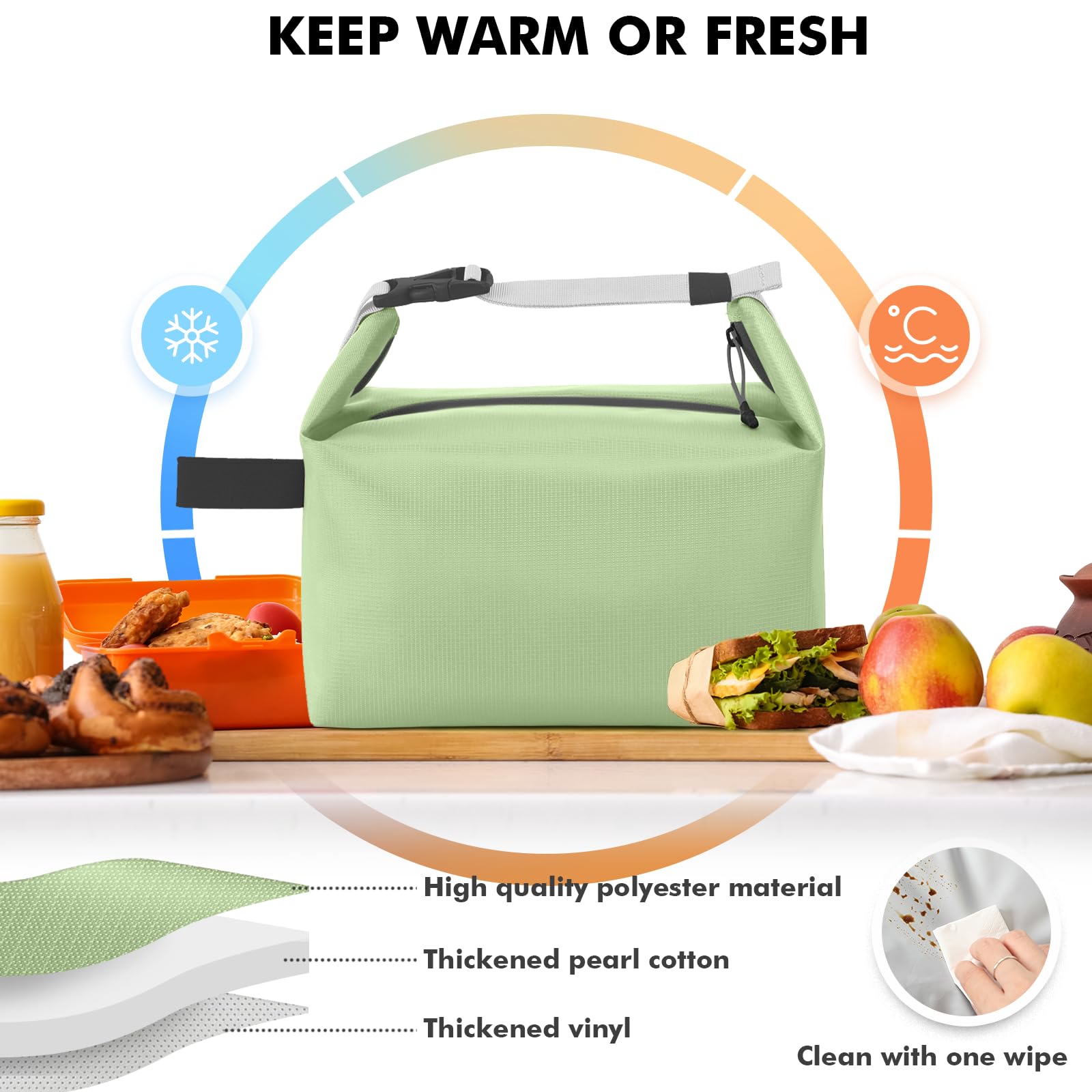 Foldable Lunch Bag – Reusable Insulated Cooler Tote with Waterproof Zipper, Leak-Proof Design, Lightweight & Compact, Ideal for Work, School, Picnic, Travel (Green)