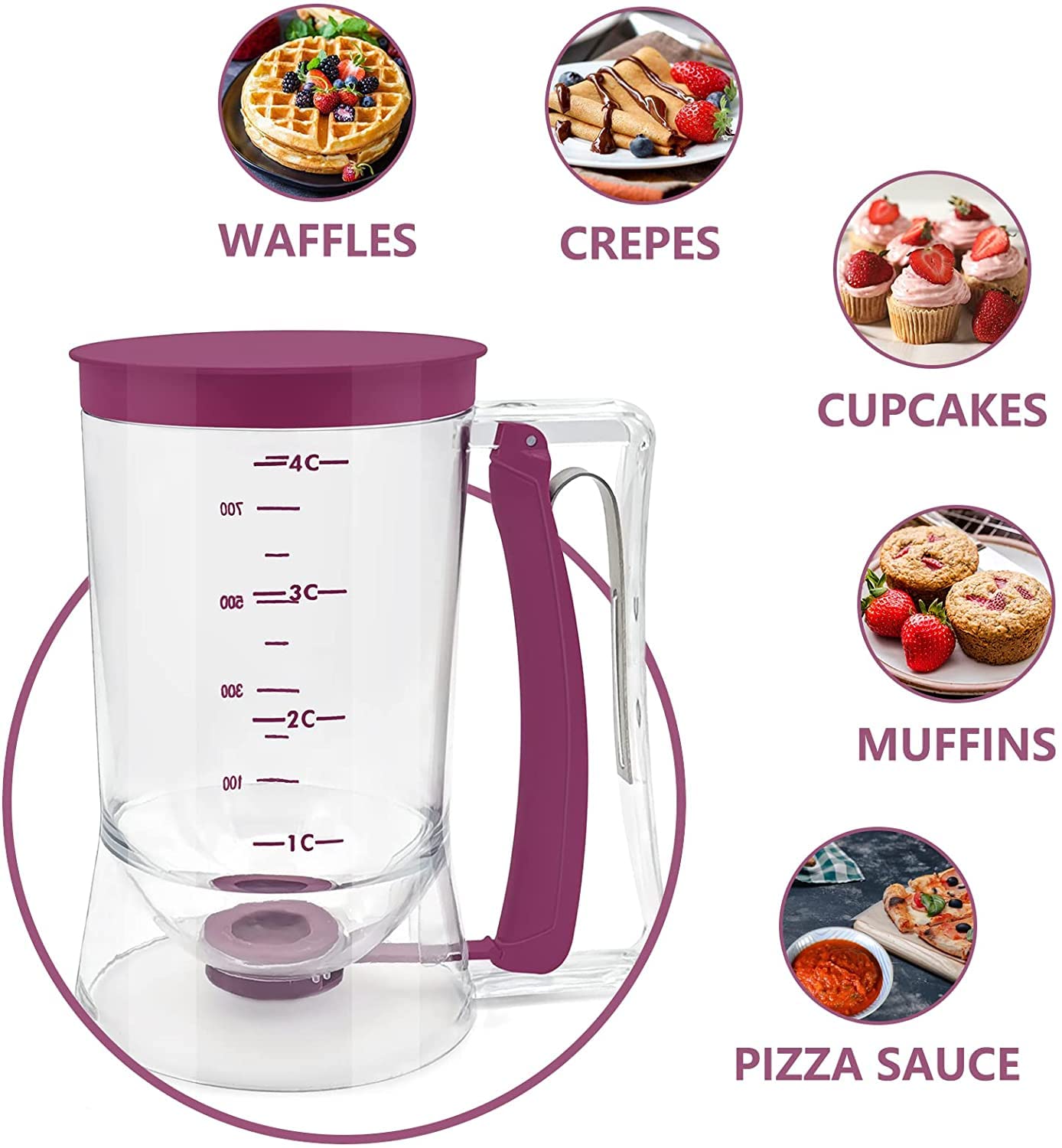 Batter Dispenser with Measuring Marks – 900ml Cake Mix Pourer for Cupcakes, Pancakes, Muffins, Waffles & More (Purple)