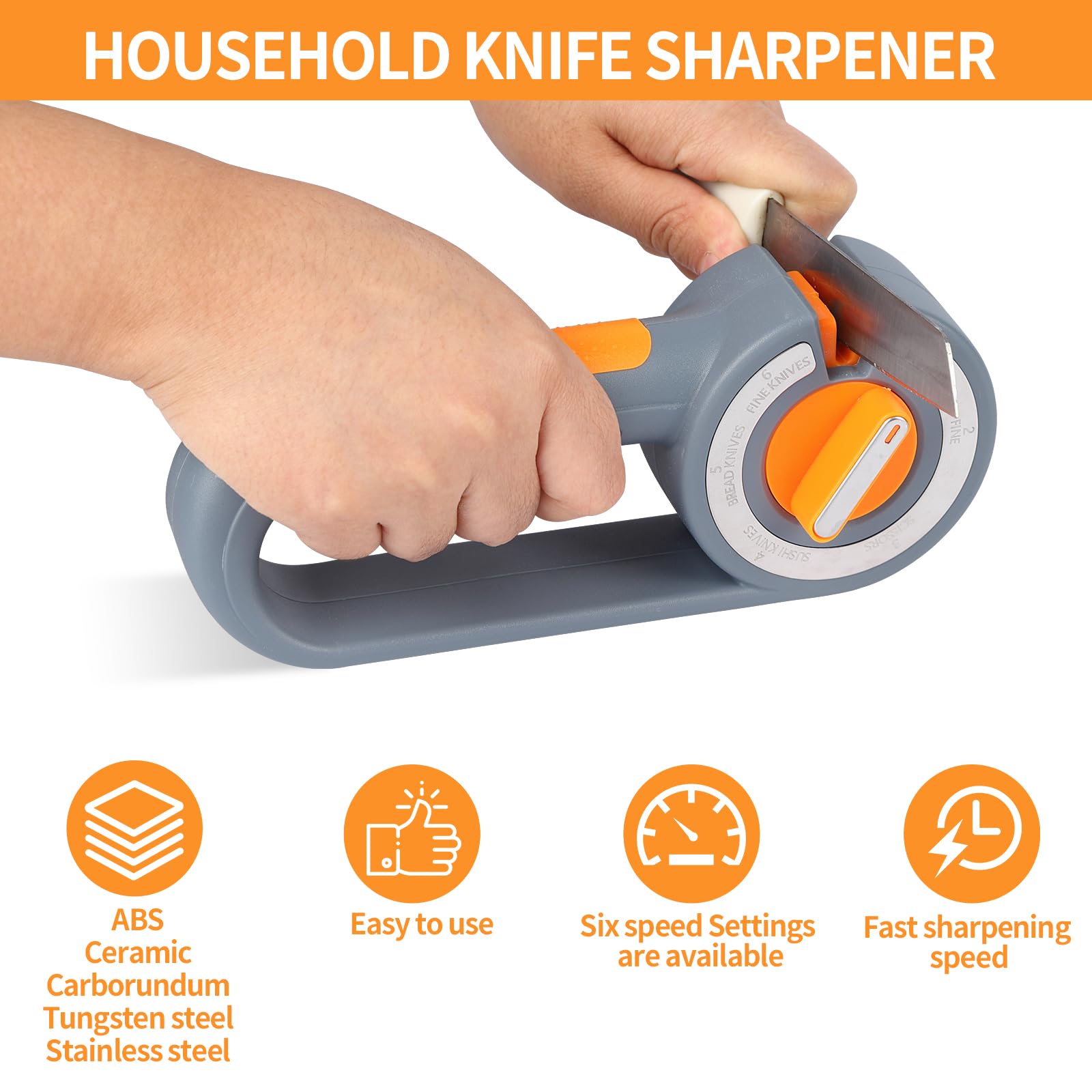 6-in-1 Rotary Knife Sharpener – Adjustable Multi-Function Sharpener for Knives, Scissors, Sushi & Bread Knives, Fast & Easy Sharpening Tool for Home Kitchen Use (Gray)