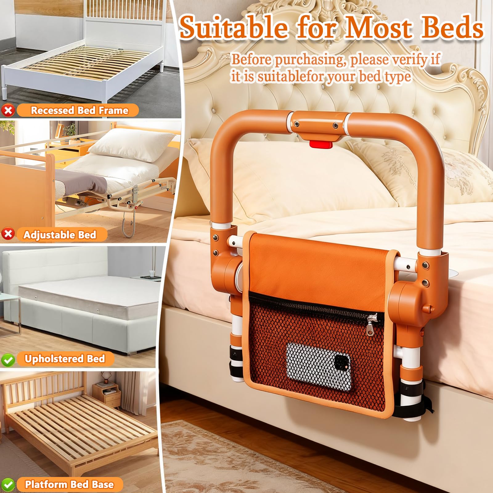 Adjustable Bed Rail for Elderly – Foldable Bedside Safety Grab Bar with Non-Slip Handle & Storage Pouch, Fits Twin to King Beds (Orange)