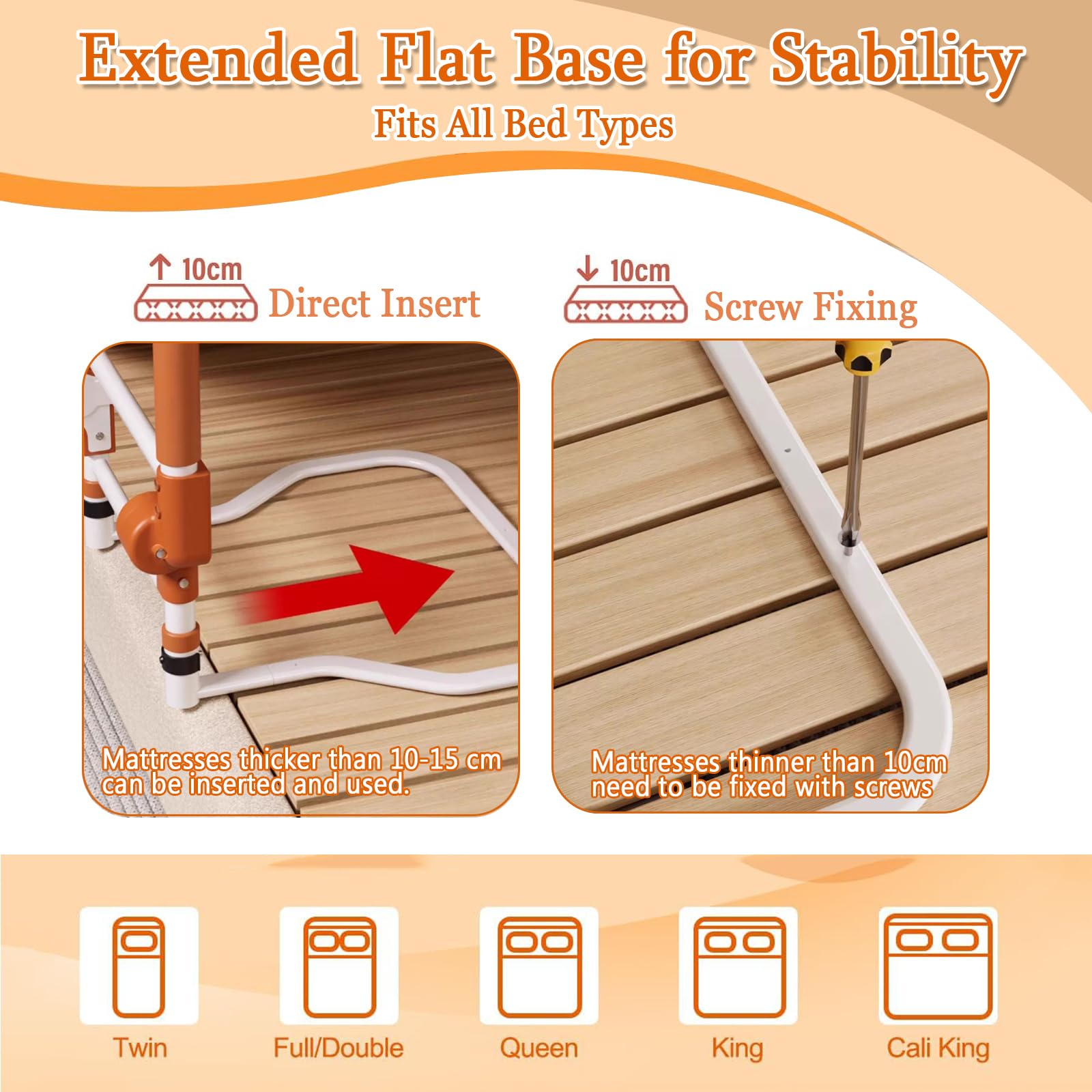 Adjustable Bed Rail for Elderly – Foldable Bedside Safety Grab Bar with Non-Slip Handle & Storage Pouch, Fits Twin to King Beds (Orange)