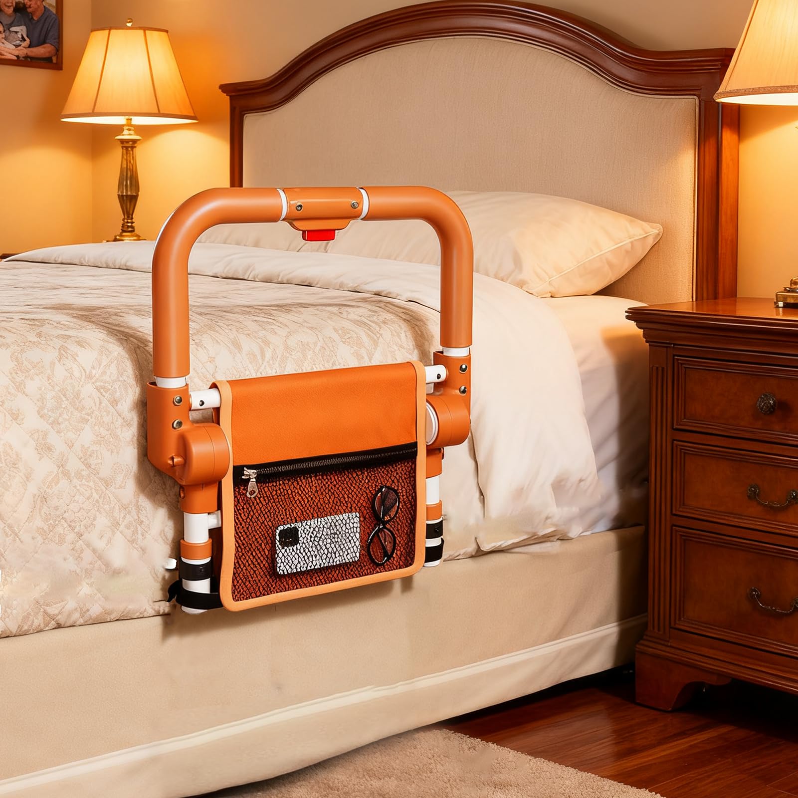 Adjustable Bed Rail for Elderly – Foldable Bedside Safety Grab Bar with Non-Slip Handle & Storage Pouch, Fits Twin to King Beds (Orange)
