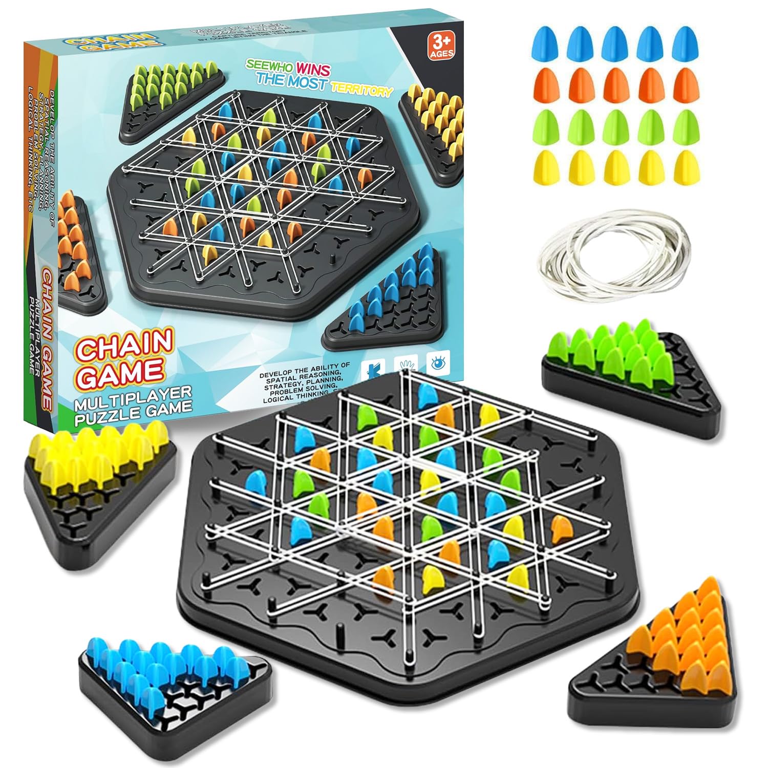 Chain Game – Multiplayer Strategy Board Puzzle for Kids & Adults | Fun Geometric Chess with Rubber Bands, 2–4 Players | Ideal Family Game for Parties, Gifts & Screen-Free Play