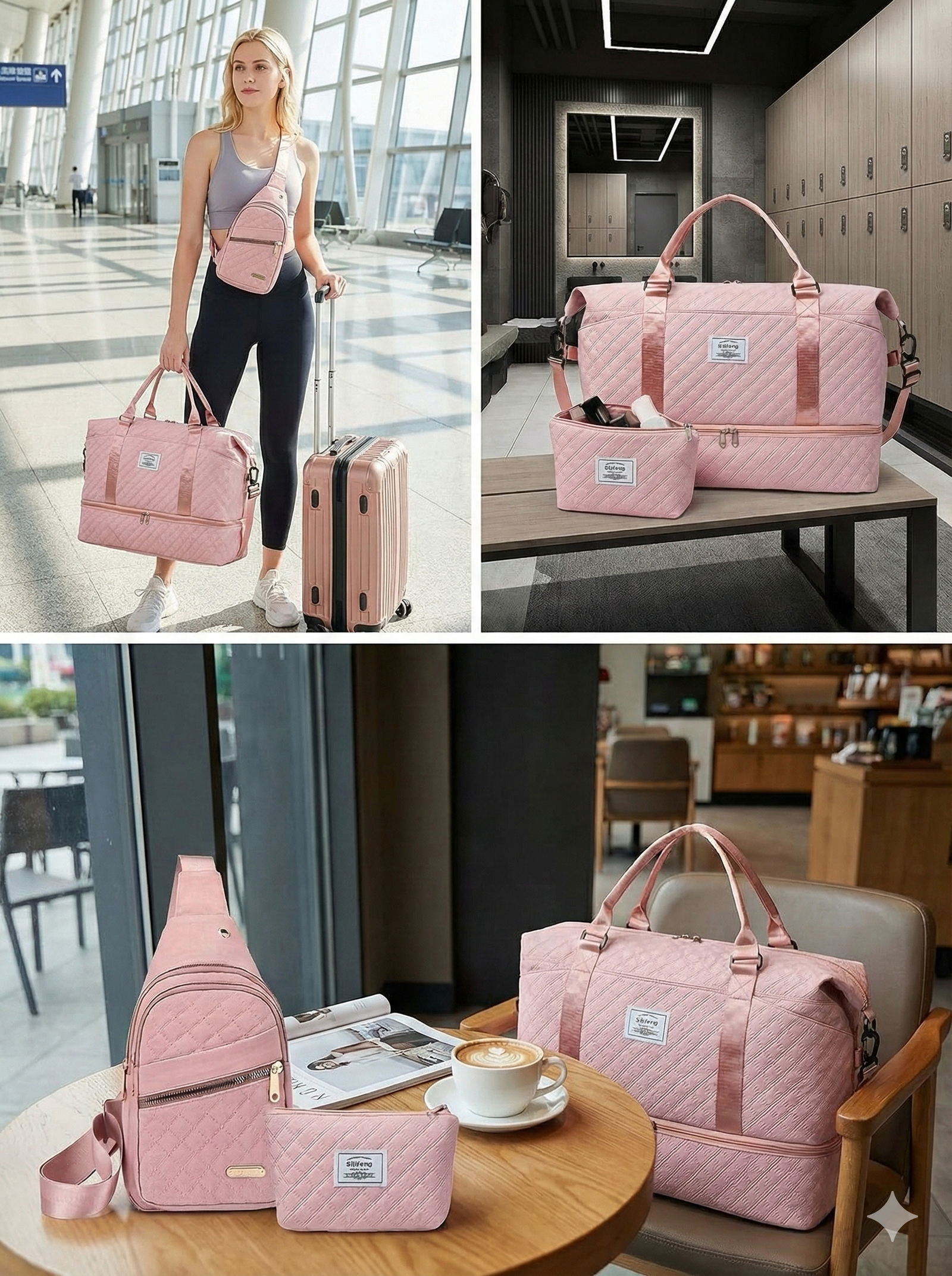 Women’s 3-Piece Travel Bag Set – Large Duffel, Crossbody Backpack & Toiletry Pouch for Gym, Maternity and Weekend Getaways (Pink) | Other Colors Available in Store