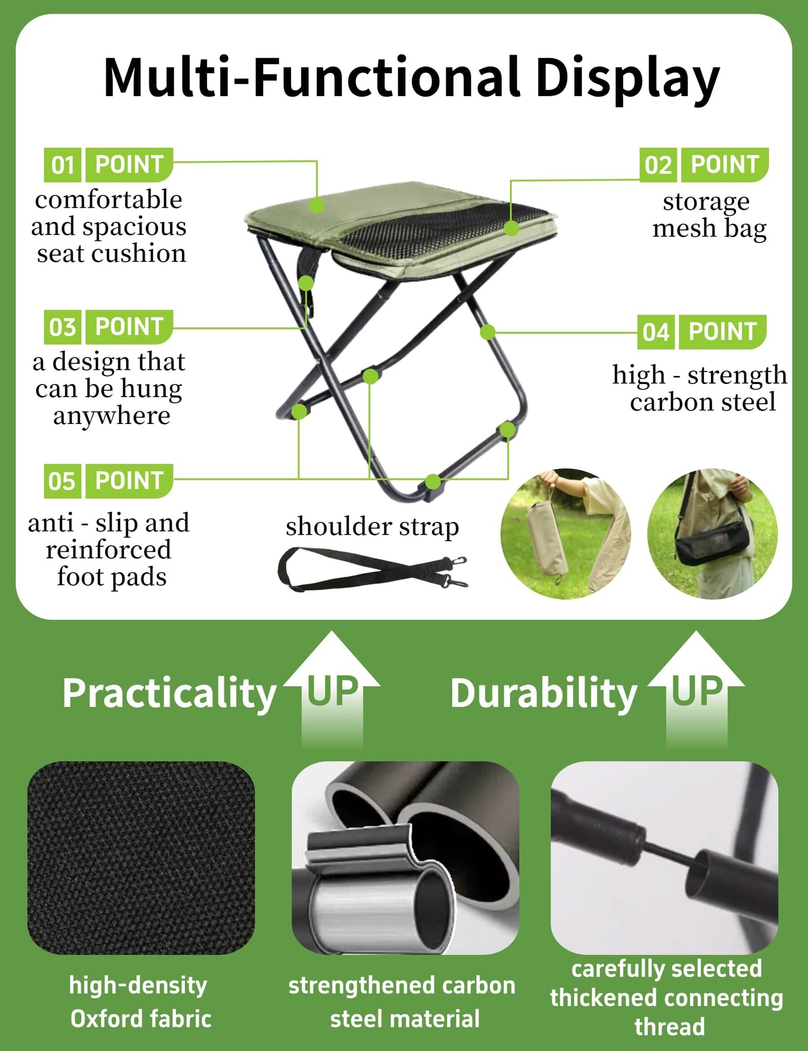 Khaki Portable Folding Chair – Compact Outdoor Stool for Camping, Fishing & Hiking | Lightweight Collapsible Seat with Carry Bag | Durable Steel Frame | Other Colours Available In-Store