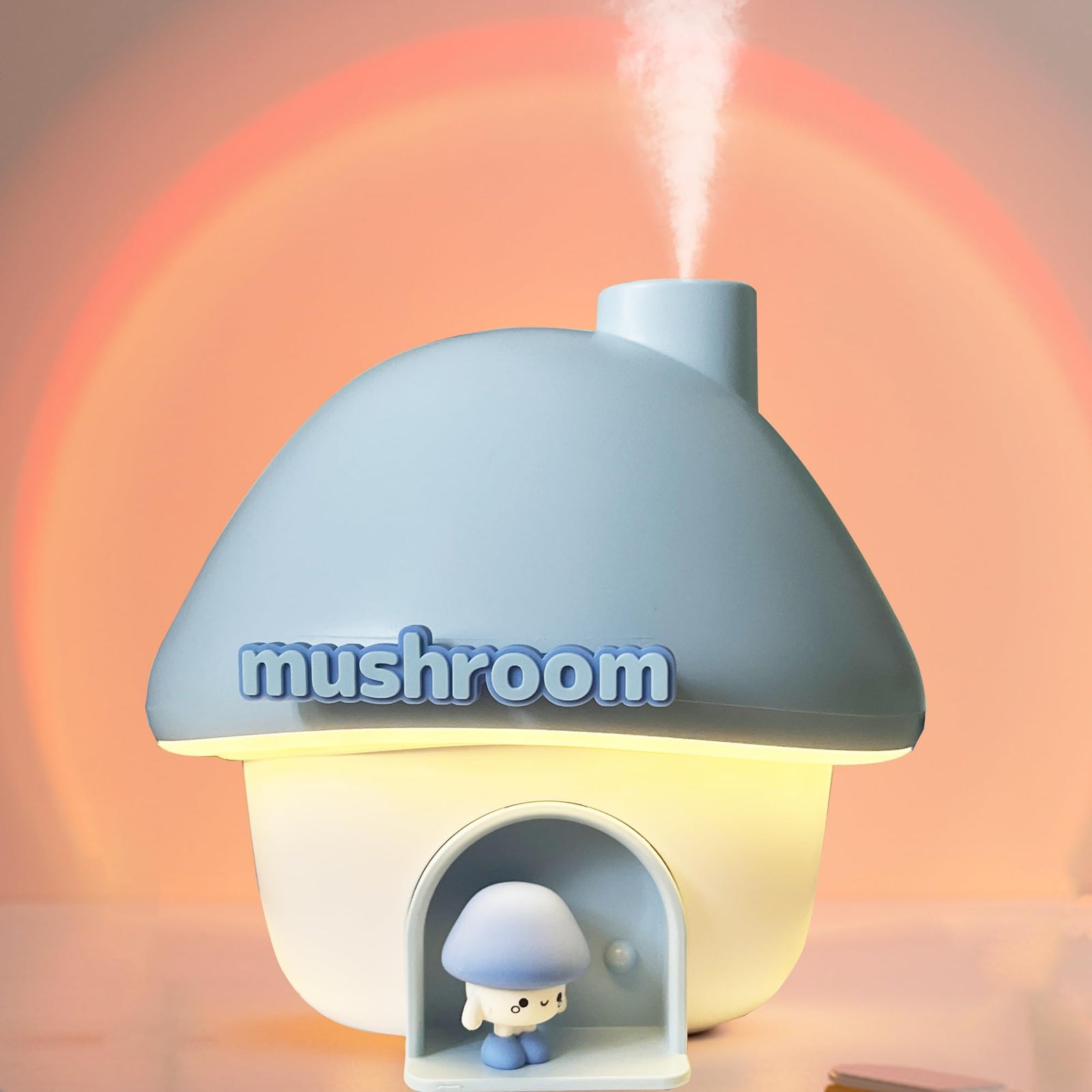 Portable Mushroom Humidifier with 7 Color Sunset Light, USB Rechargeable Mini Air Moisturizer for Desk, Bedroom, Travel, Baby Room – Silent & Cute Design Use(Blue)