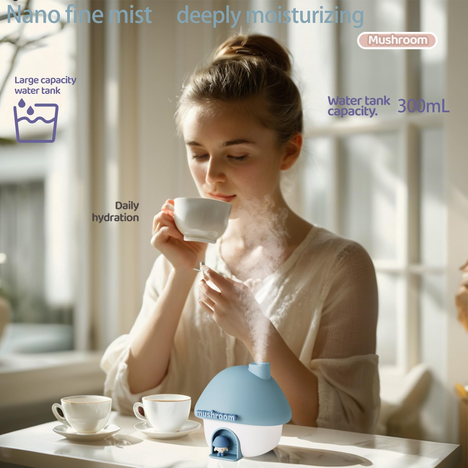Portable Mushroom Humidifier with 7 Color Sunset Light, USB Rechargeable Mini Air Moisturizer for Desk, Bedroom, Travel, Baby Room – Silent & Cute Design Use(Blue)