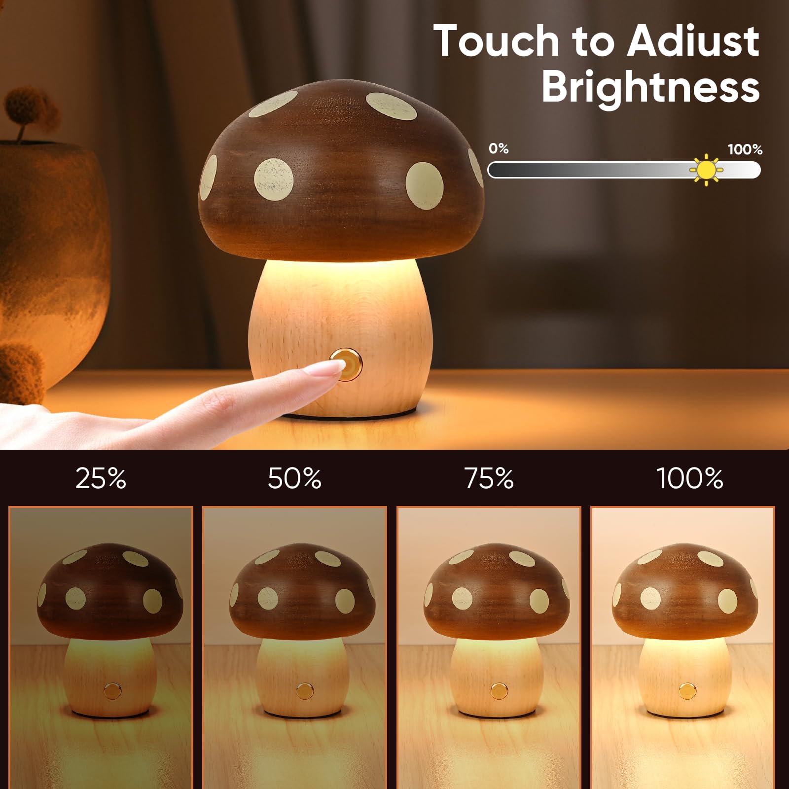 Touch Control Mushroom Night Light – Rechargeable Wooden Desk Lamp with 4 Brightness Levels, Soft Warm Glow for Baby Nursery, Bedroom, or Travel (Wooden Color)