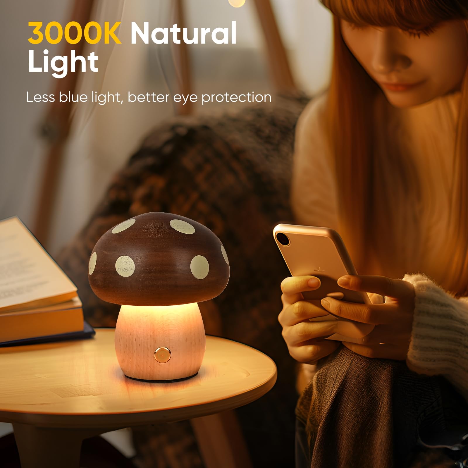 Touch Control Mushroom Night Light – Rechargeable Wooden Desk Lamp with 4 Brightness Levels, Soft Warm Glow for Baby Nursery, Bedroom, or Travel (Wooden Color)
