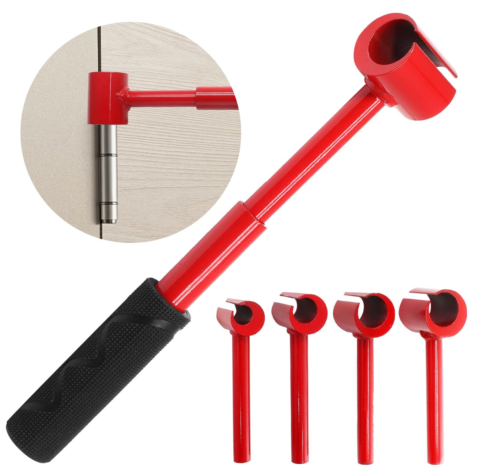 4-in-1 Door Hinge Adjustment Tool – Heavy-Duty Carbon Steel Wrench with Interchangeable Heads for 14mm/0.55" to 25mm/0.98" Hinges, 153mm/6.02" Length (Red)