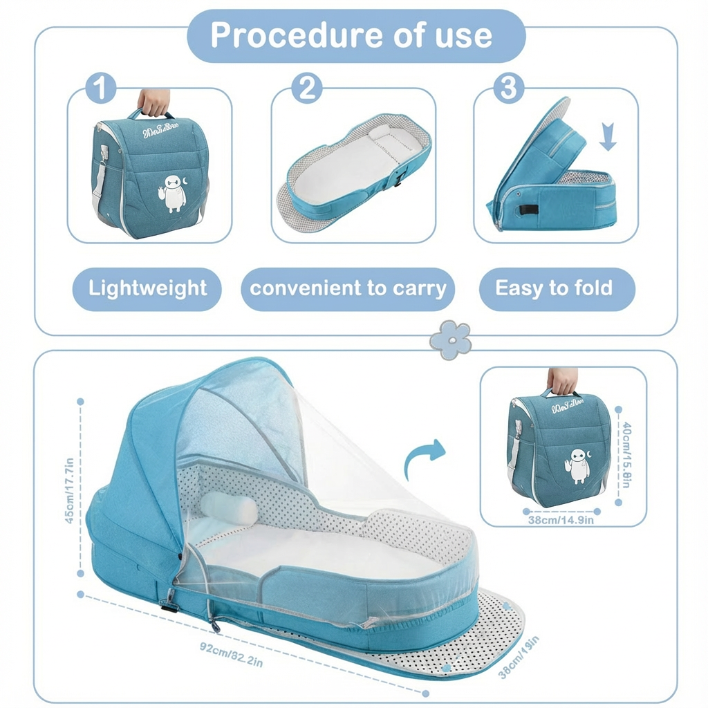 Portable Baby Travel Bassinet with Mosquito Net & Canopy – Foldable Infant Bed, Lightweight Carry Bag (Red)