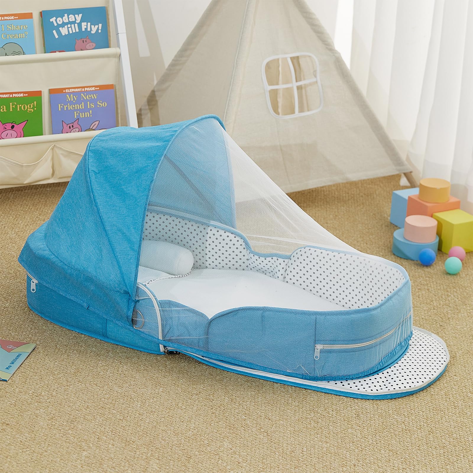 Portable Baby Travel Bassinet with Mosquito Net & Canopy – Foldable Infant Bed, Lightweight Carry Bag (Blue)