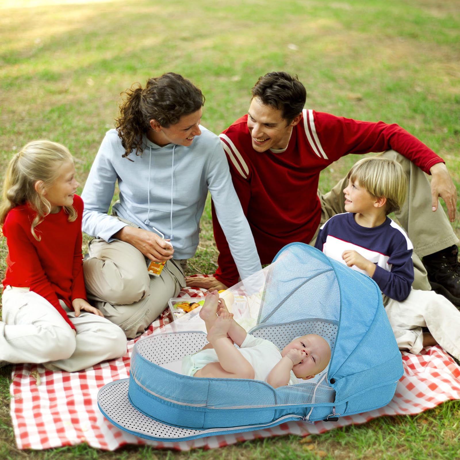 Portable Baby Travel Bassinet with Mosquito Net & Canopy – Foldable Infant Bed, Lightweight Carry Bag (Blue)