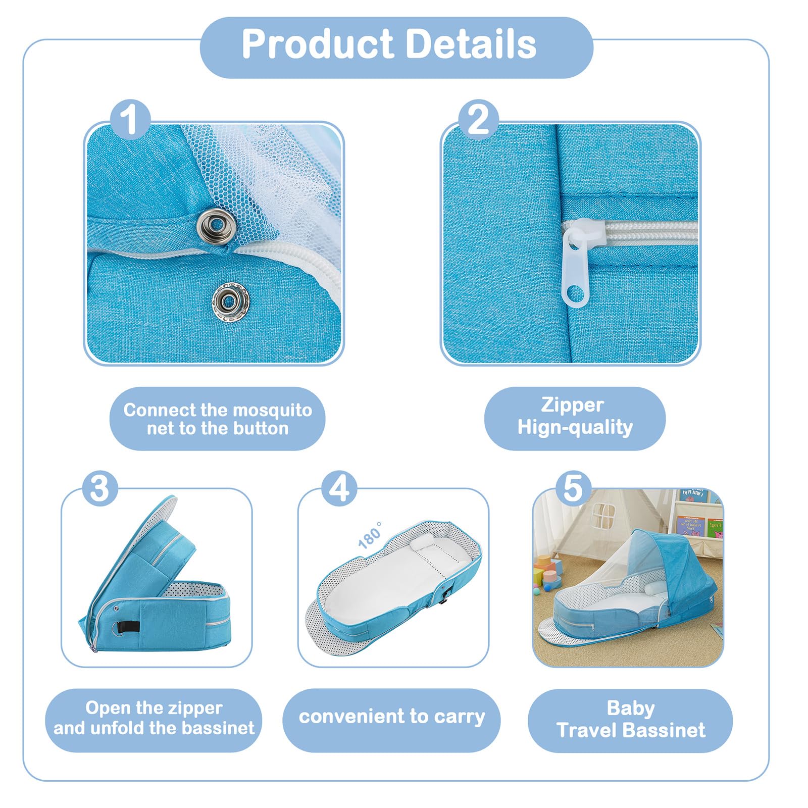 Portable Baby Travel Bassinet with Mosquito Net & Canopy – Foldable Infant Bed, Lightweight Carry Bag (Blue)