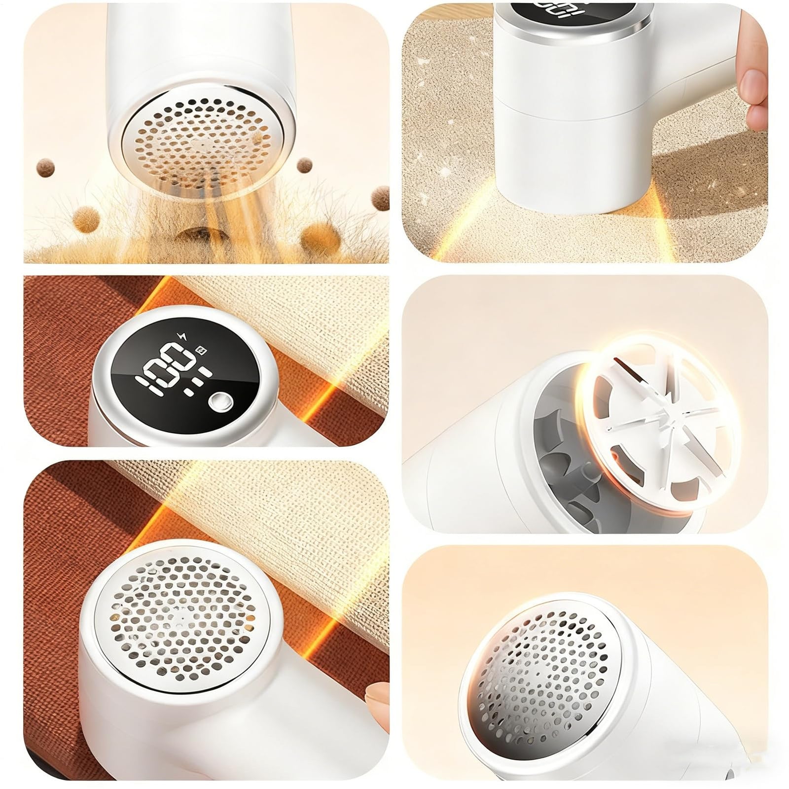 Fabric Shaver with 6 Stainless Steel Blades – USB Rechargeable Lint Remover for Sweaters, Blankets, Carpets & Furniture (White)