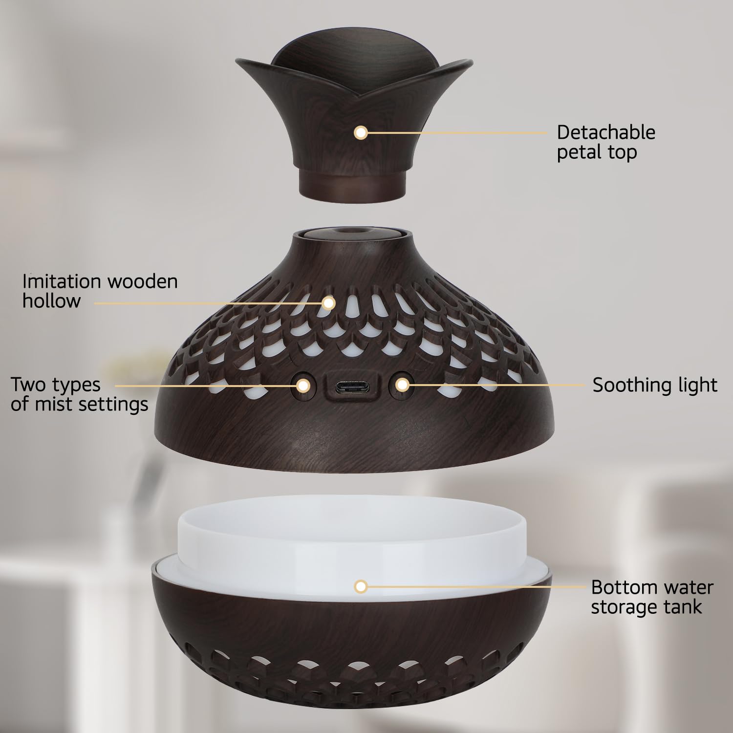 Portable USB Humidifier with 7-Color LED Night Light – Wood Grain Flower Design, Quiet Cool Mist Diffuser for Home, Office & Car (DarkWood)