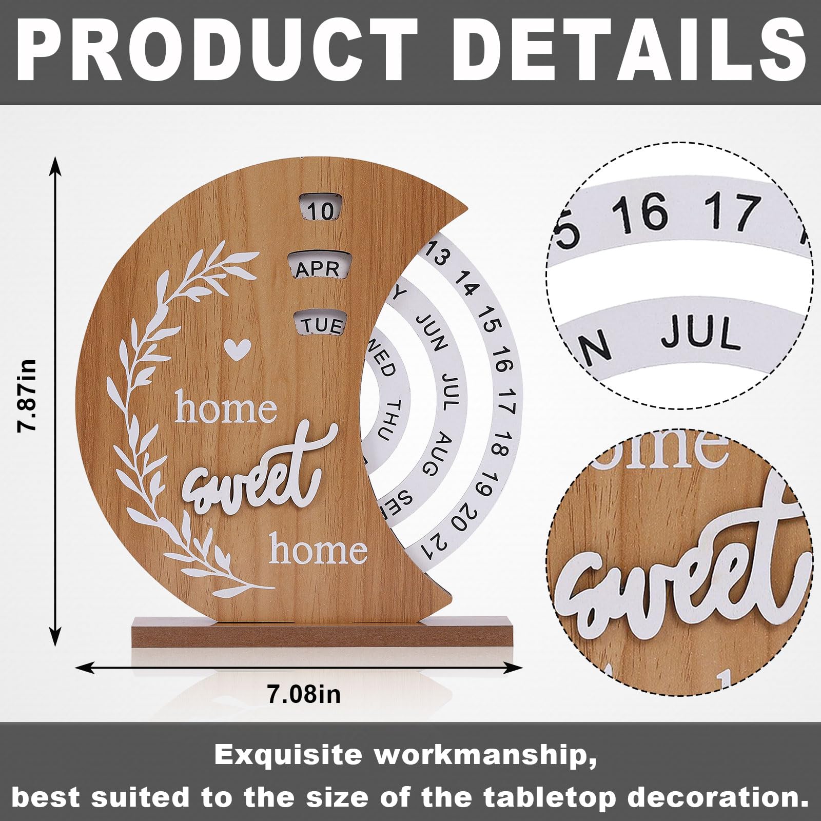 Wooden Perpetual Calendar with Rotating Discs – Elegant Desk Decor for Home & Office, “Home Sweet Home” Design (Natural Wood)