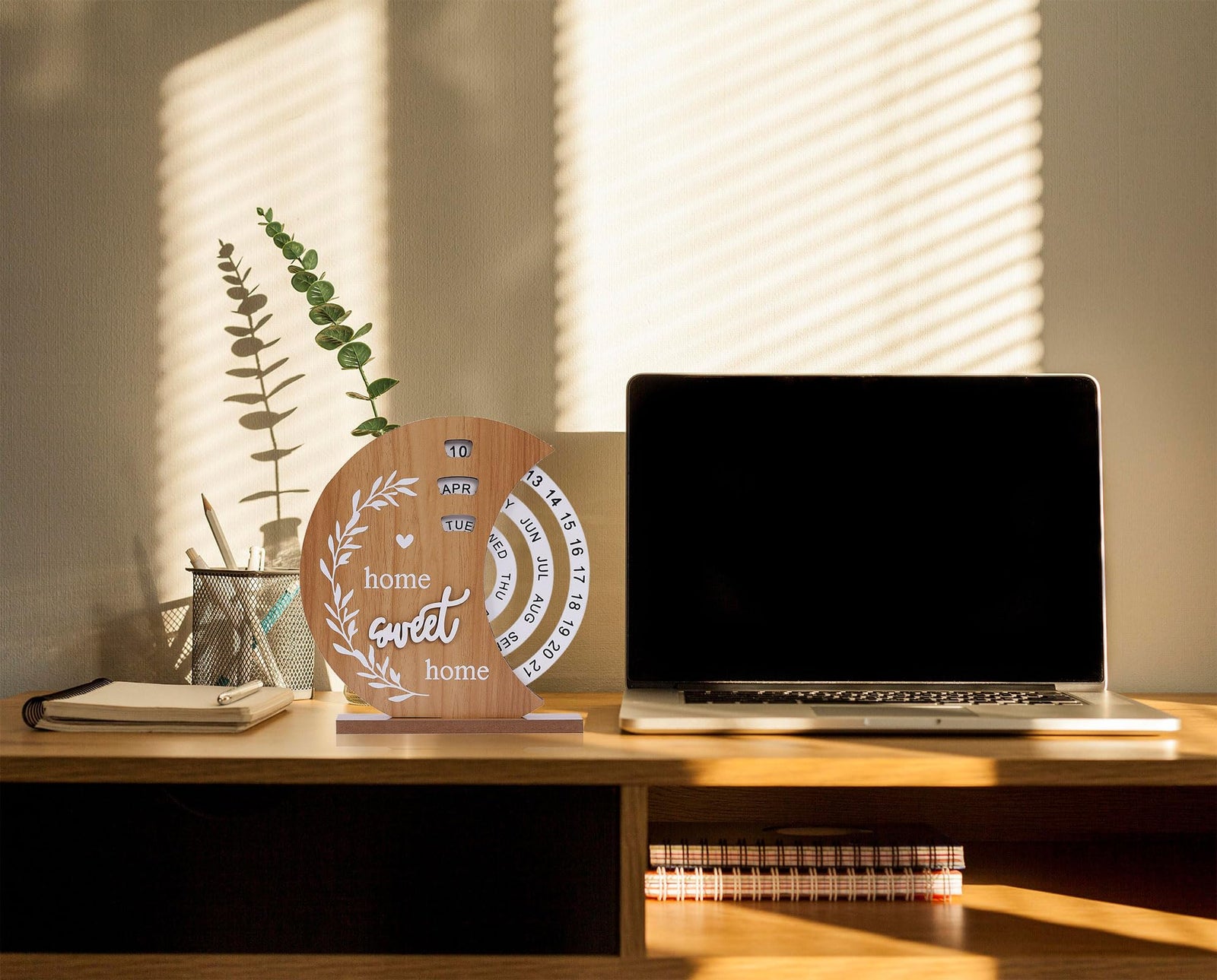 Wooden Perpetual Calendar with Rotating Discs – Elegant Desk Decor for Home & Office, “Home Sweet Home” Design (Natural Wood)
