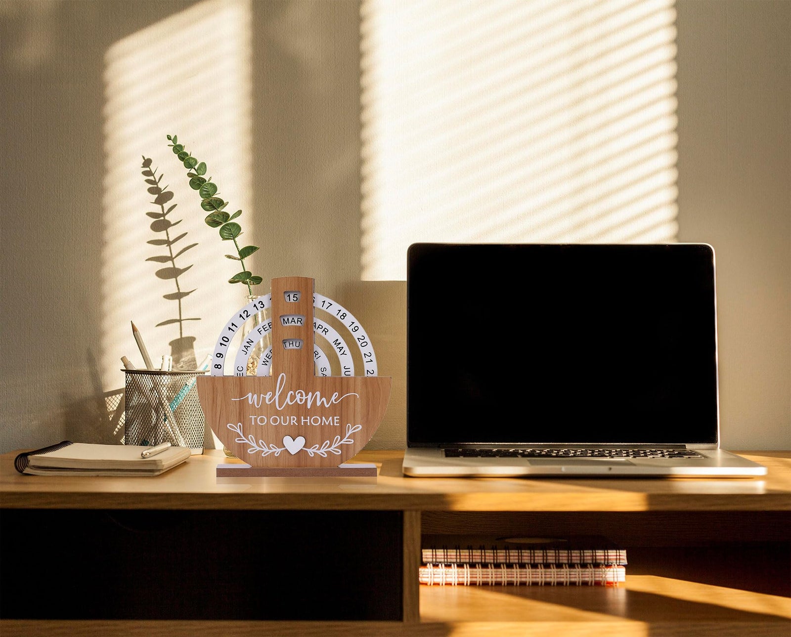 Wooden Perpetual Calendar with "Welcome to Our Home" Design – Rotating Desk Decor for Office & Living Space (Natural Wood)