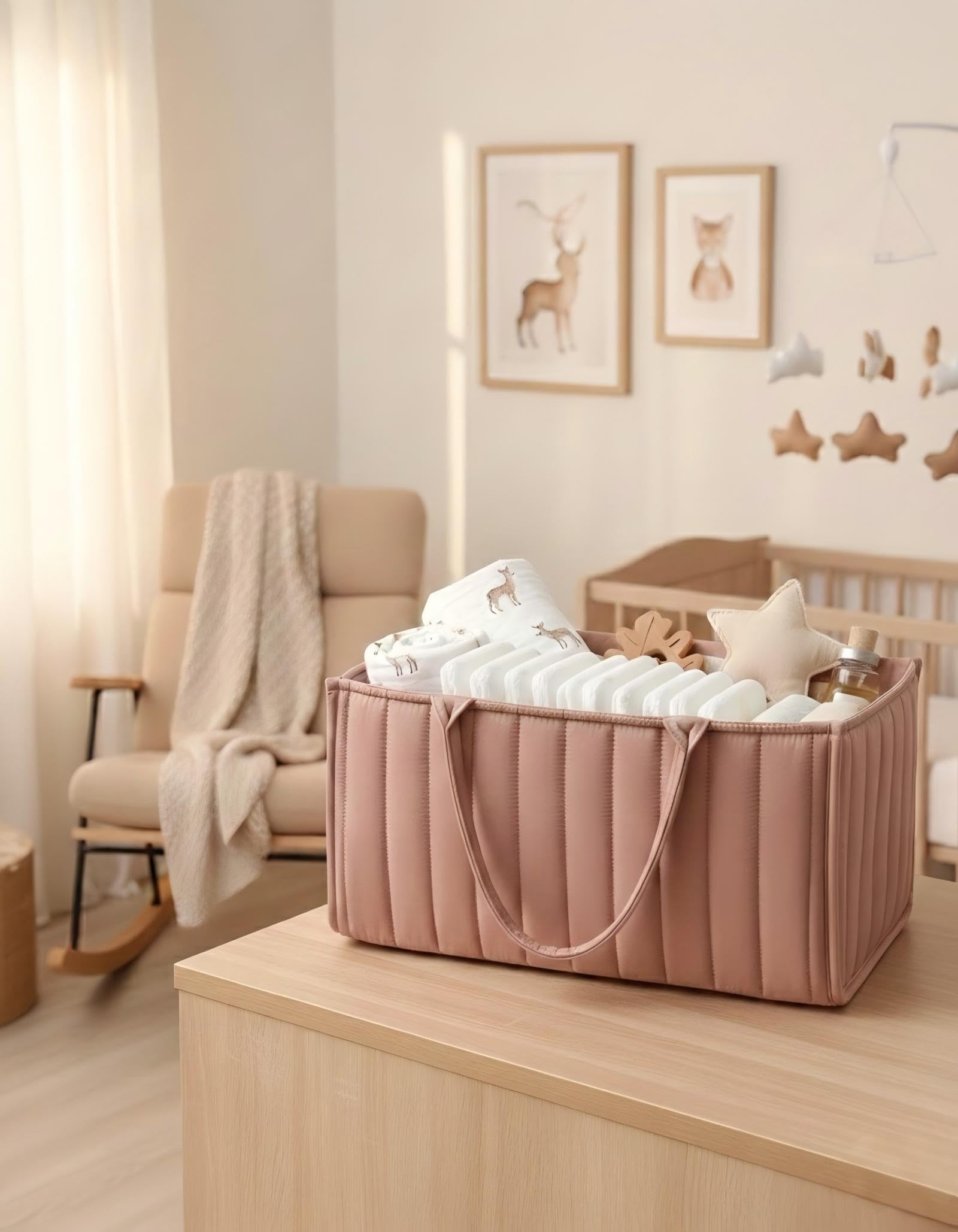 Large Baby Diaper Caddy Organizer – Stylish Storage Basket for Nursery, Changing Table & Travel – Portable Urn for Diapers, Wipes, Toys & Essentials (Pink)